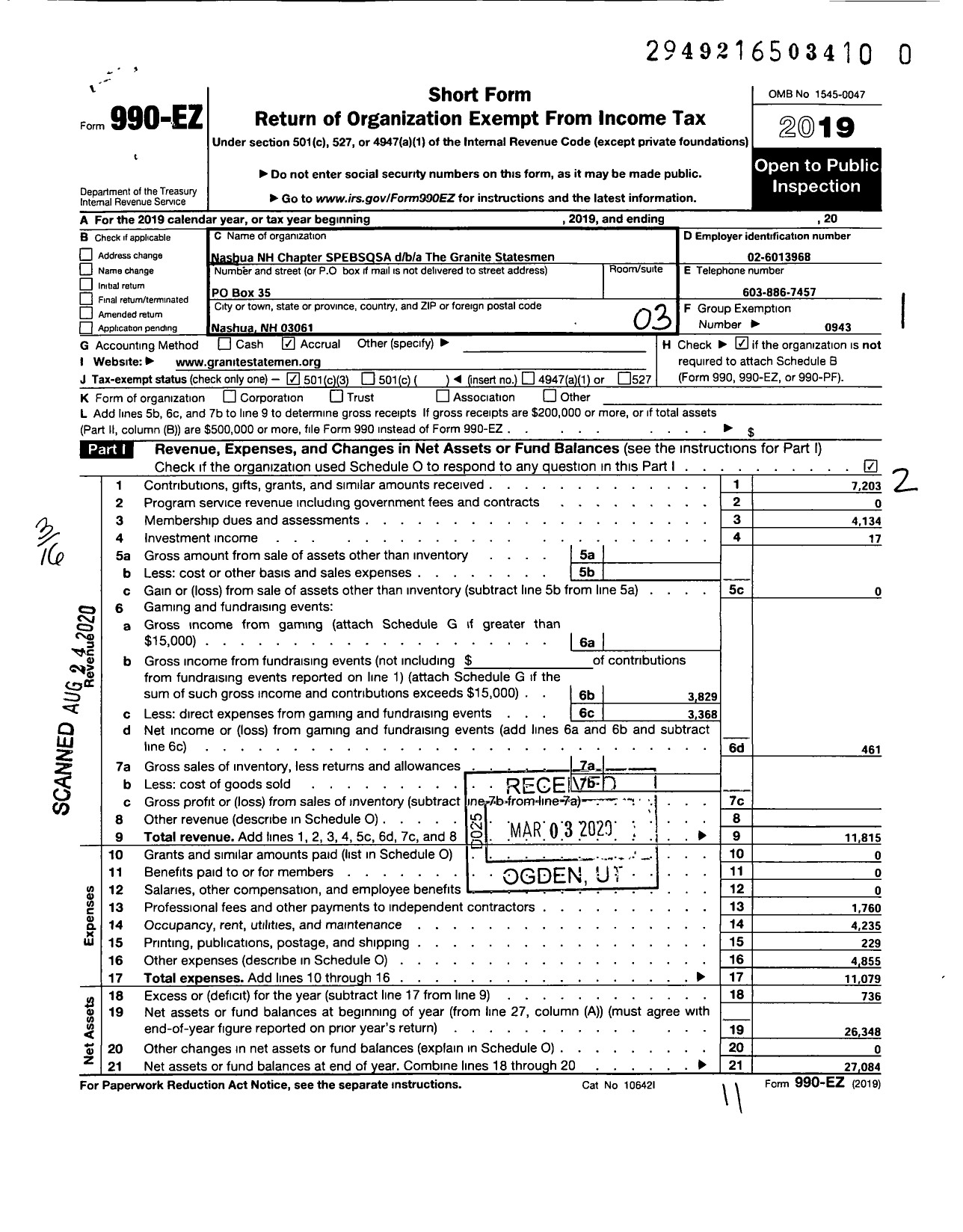 Image of first page of 2019 Form 990EZ for Barbershop Harmony Society - The Granite Statemen