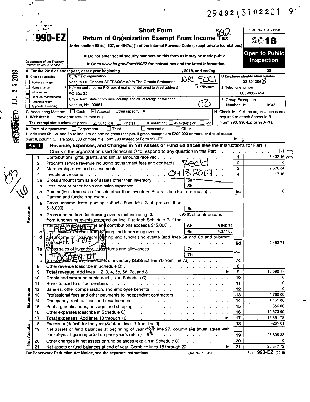 Image of first page of 2018 Form 990EZ for Barbershop Harmony Society - The Granite Statemen