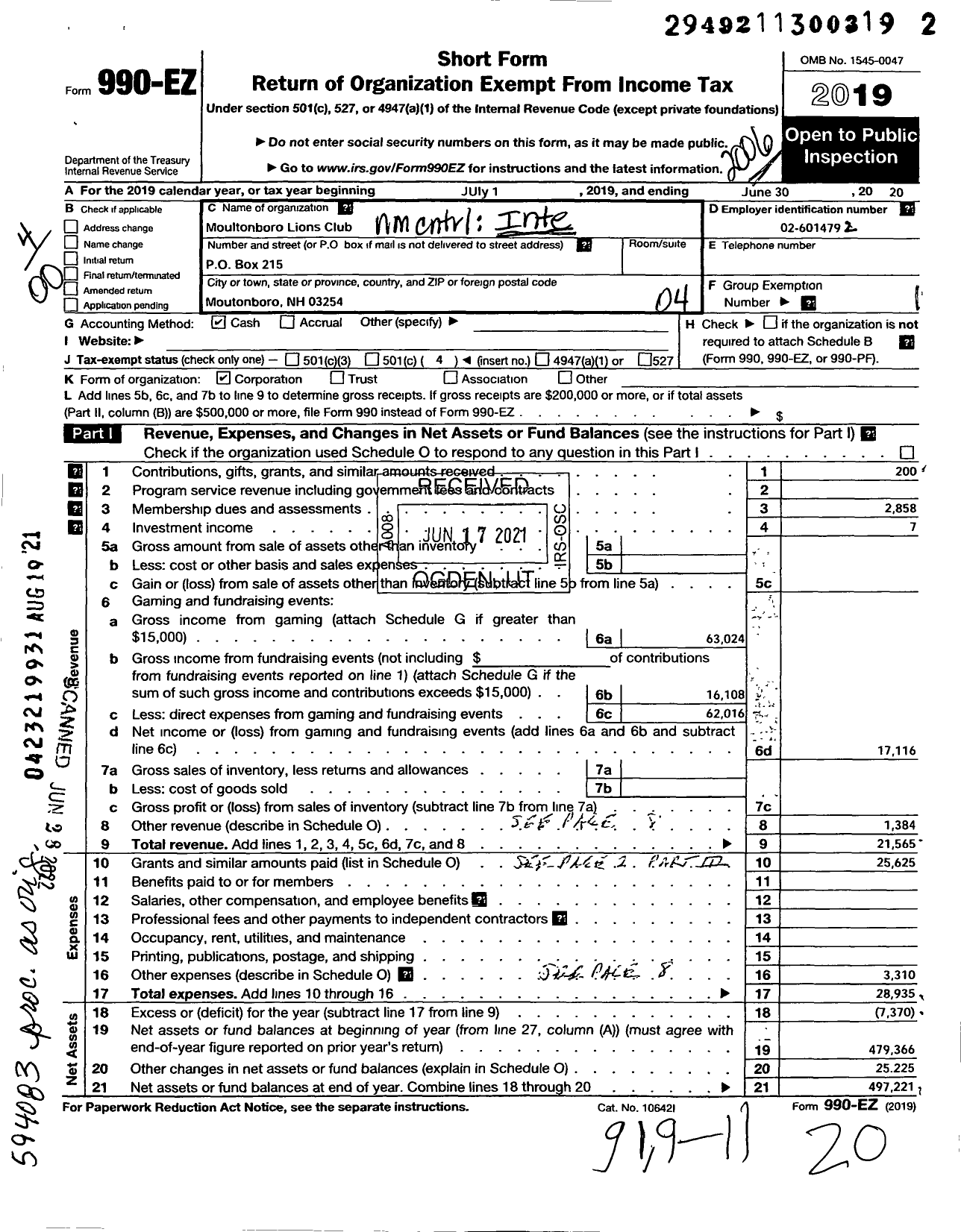 Image of first page of 2019 Form 990EO for Lions Clubs - 14188 Moultonboro Lions Club