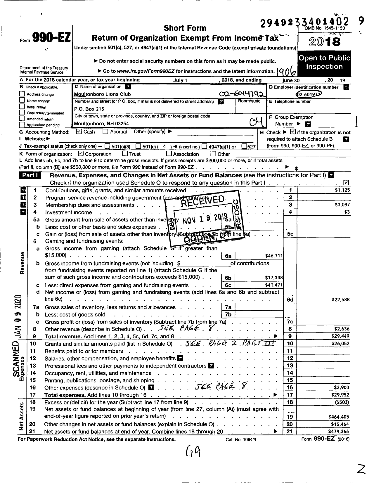 Image of first page of 2018 Form 990EO for Lions Clubs - 14188 Moultonboro Lions Club