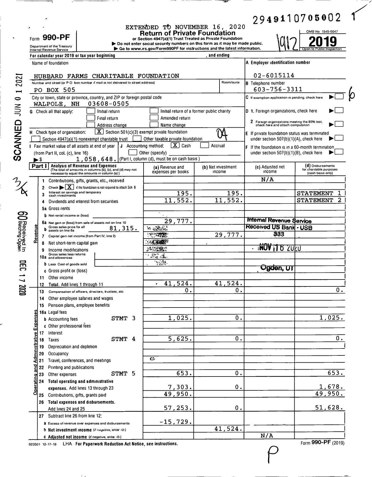 Image of first page of 2019 Form 990PF for Hubbard Farms Charitable Foundation