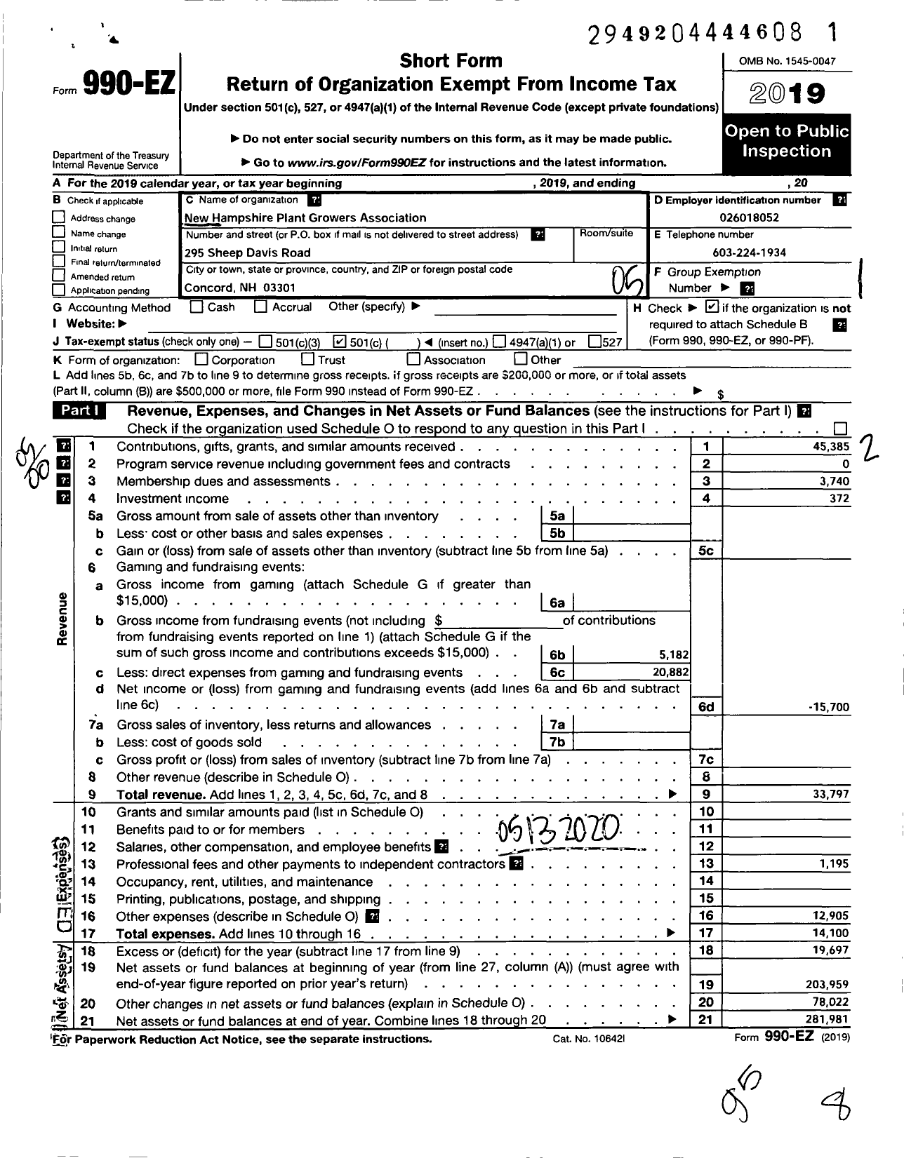 Image of first page of 2019 Form 990EO for New Hampshire Plant Growers Association