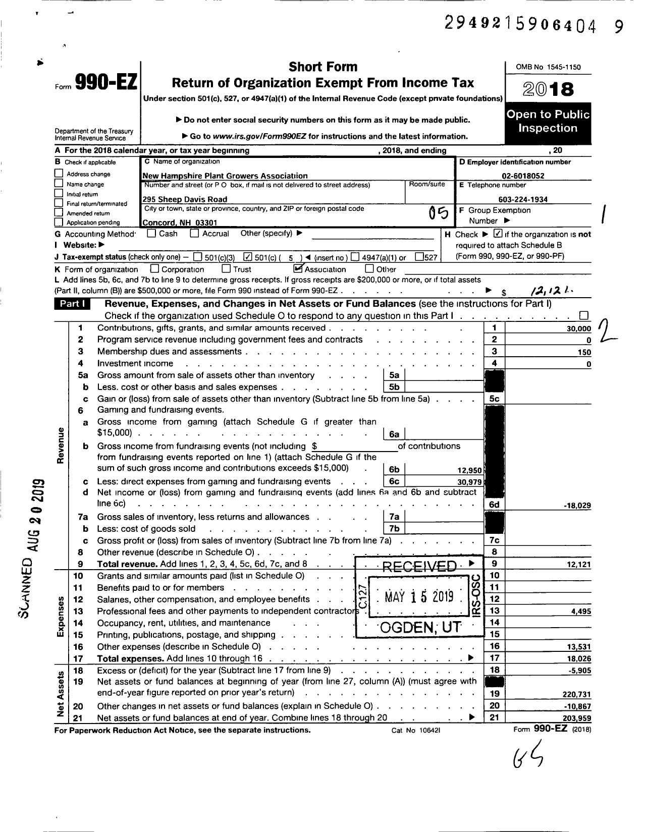 Image of first page of 2018 Form 990EO for New Hampshire Plant Growers Association