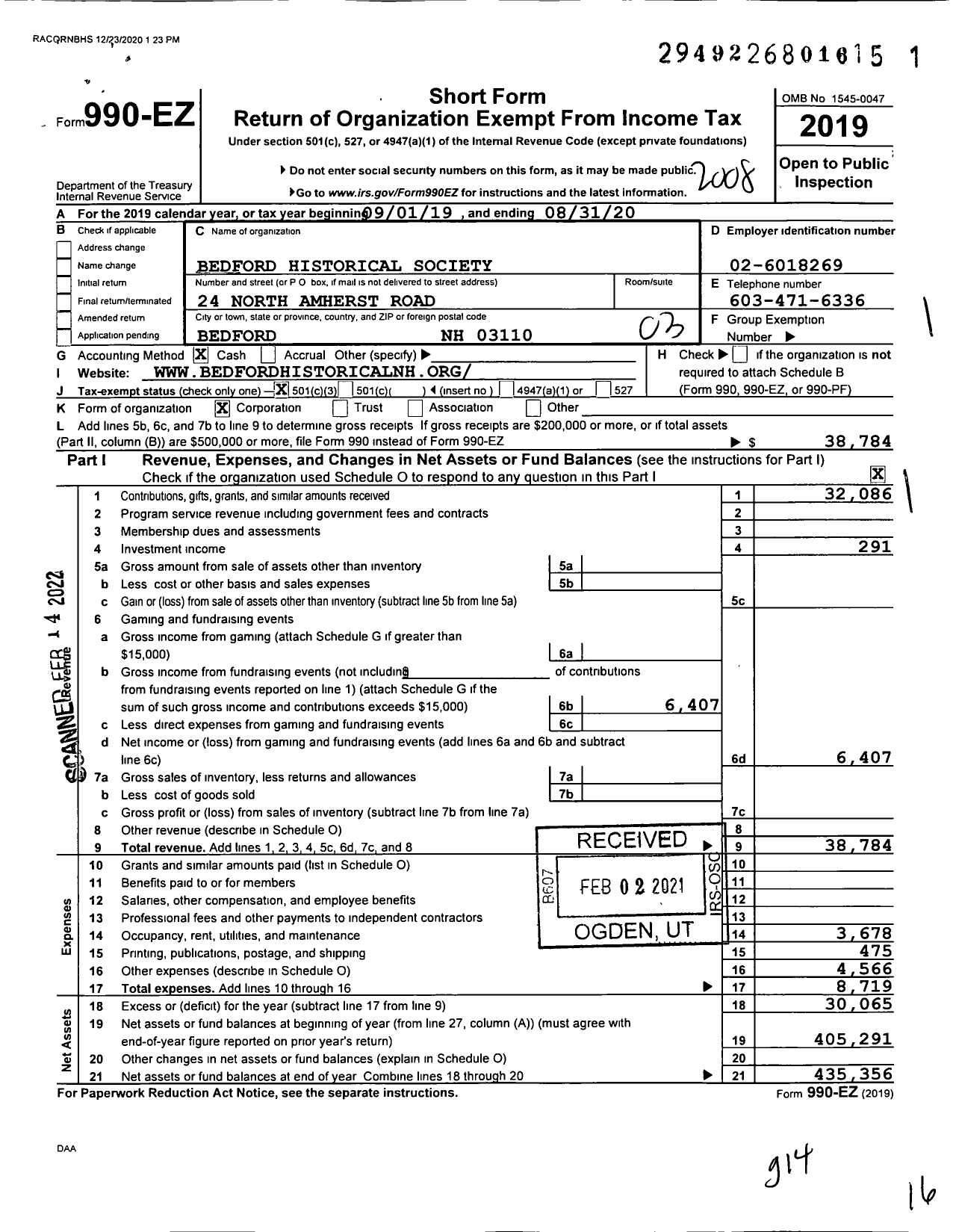 Image of first page of 2019 Form 990EZ for Bedford Historical Society