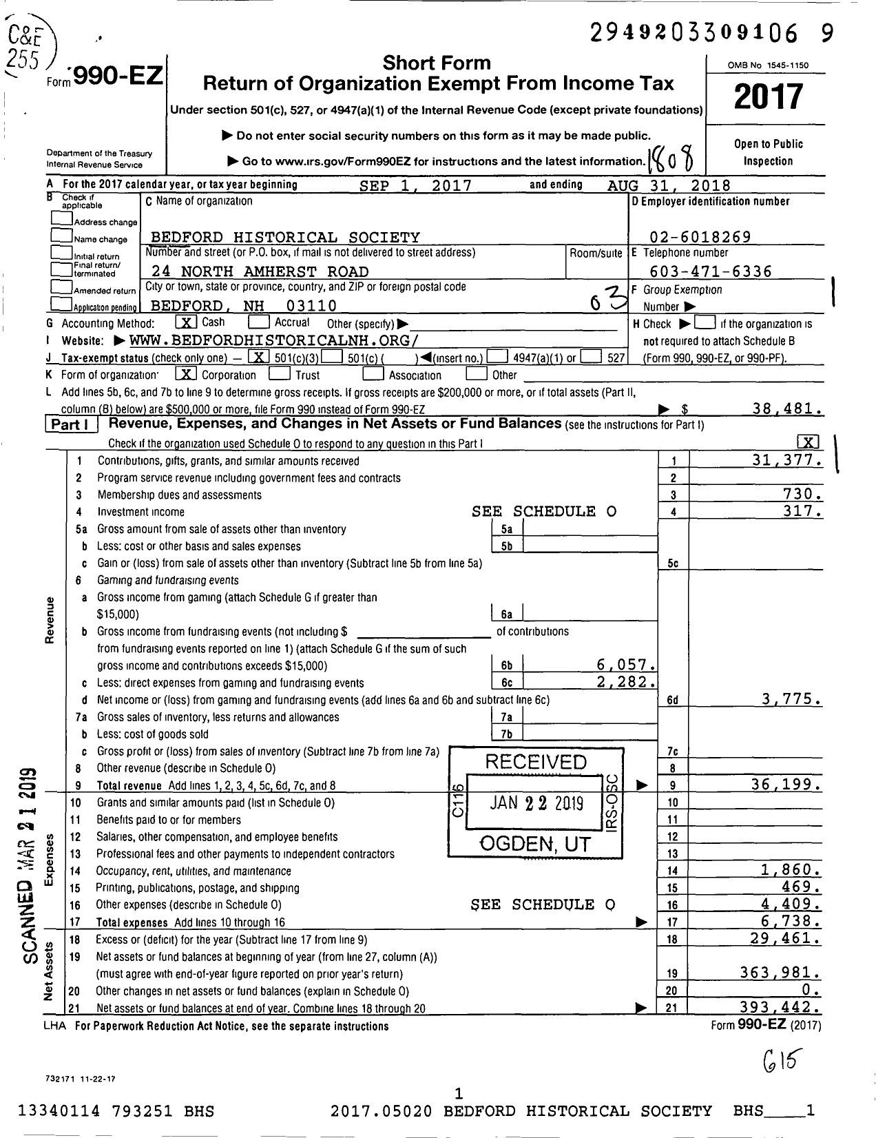 Image of first page of 2017 Form 990EZ for Bedford Historical Society