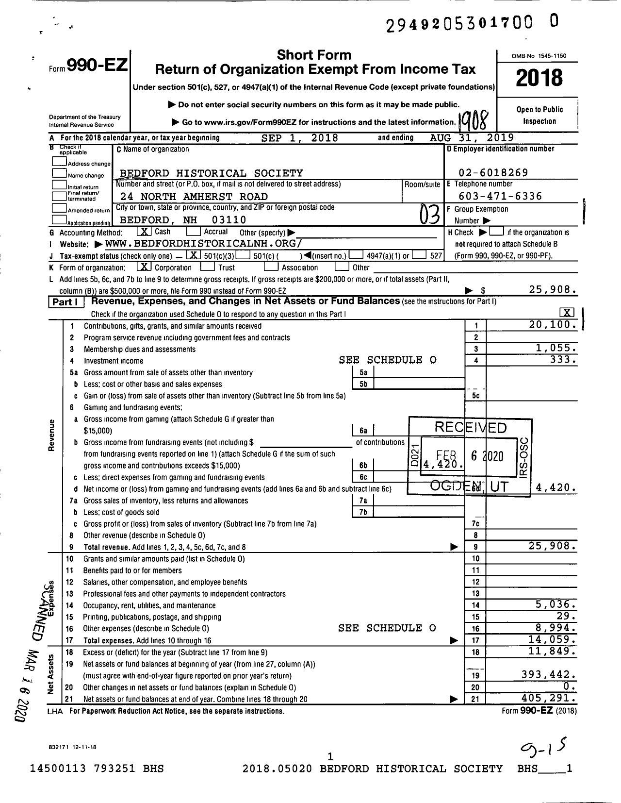 Image of first page of 2018 Form 990EZ for Bedford Historical Society