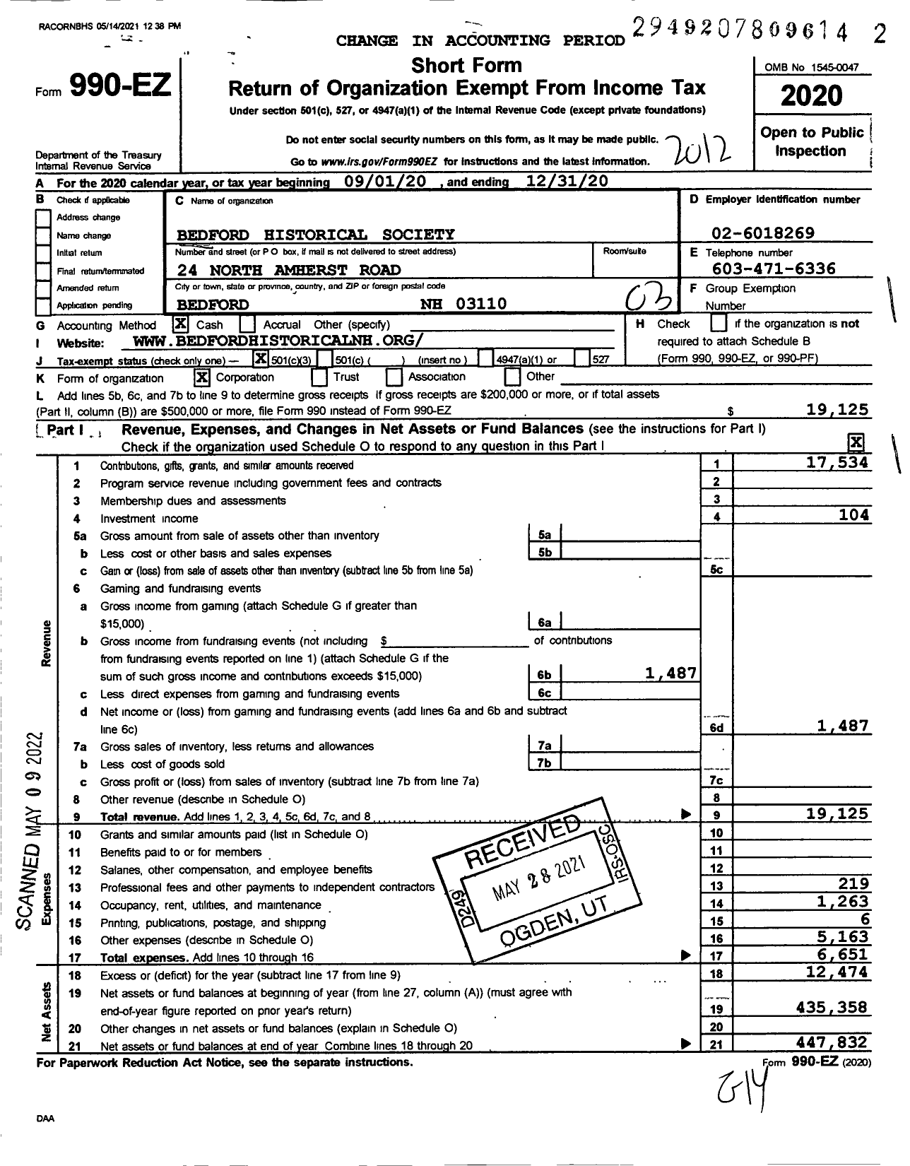 Image of first page of 2020 Form 990EZ for Bedford Historical Society