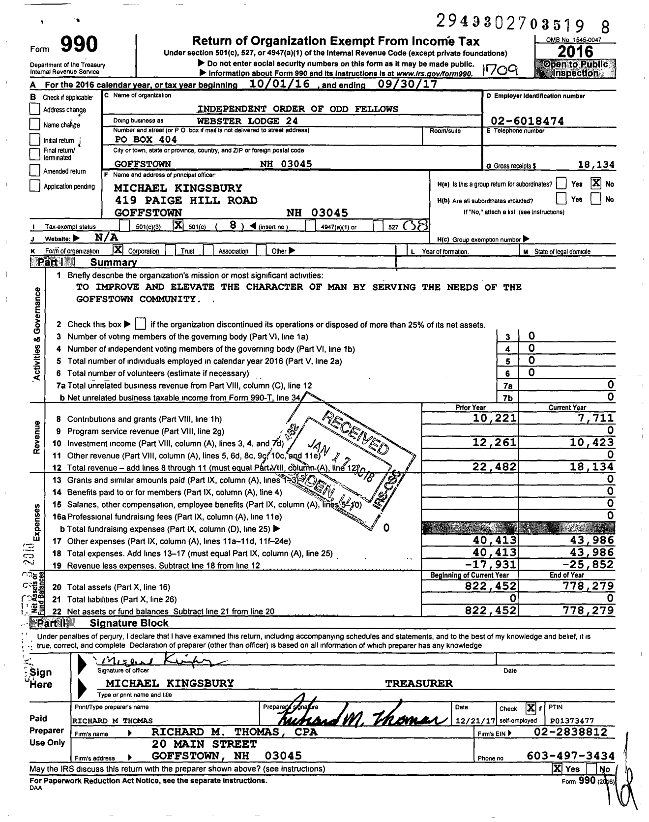 Image of first page of 2016 Form 990O for Independent Order of Odd Fellows - 24 Webster Lodge