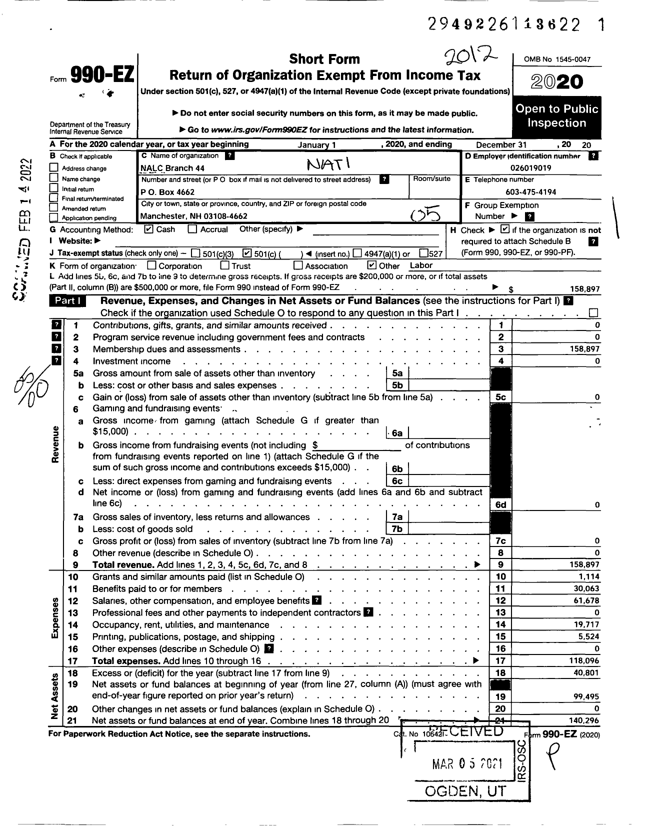 Image of first page of 2020 Form 990EO for NH Merger Branch 44 Nalc