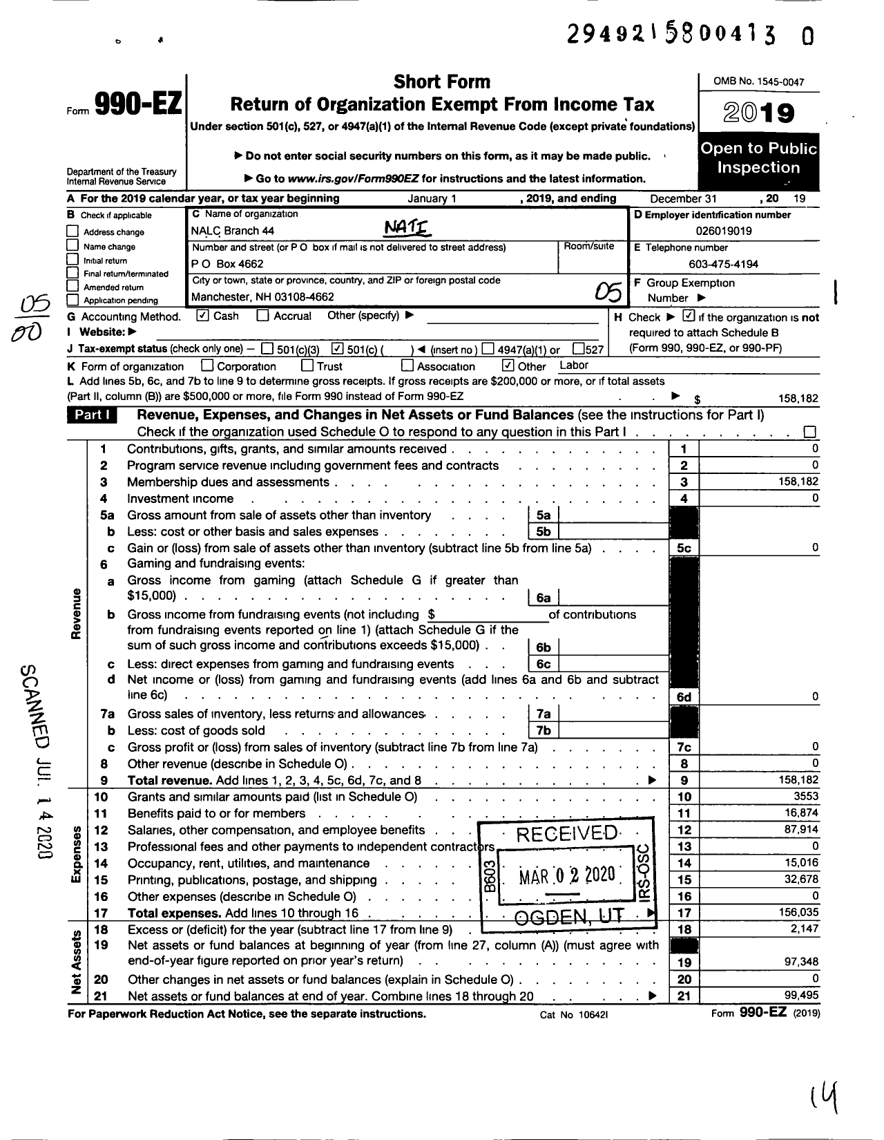 Image of first page of 2019 Form 990EO for NH Merger Branch 44 Nalc