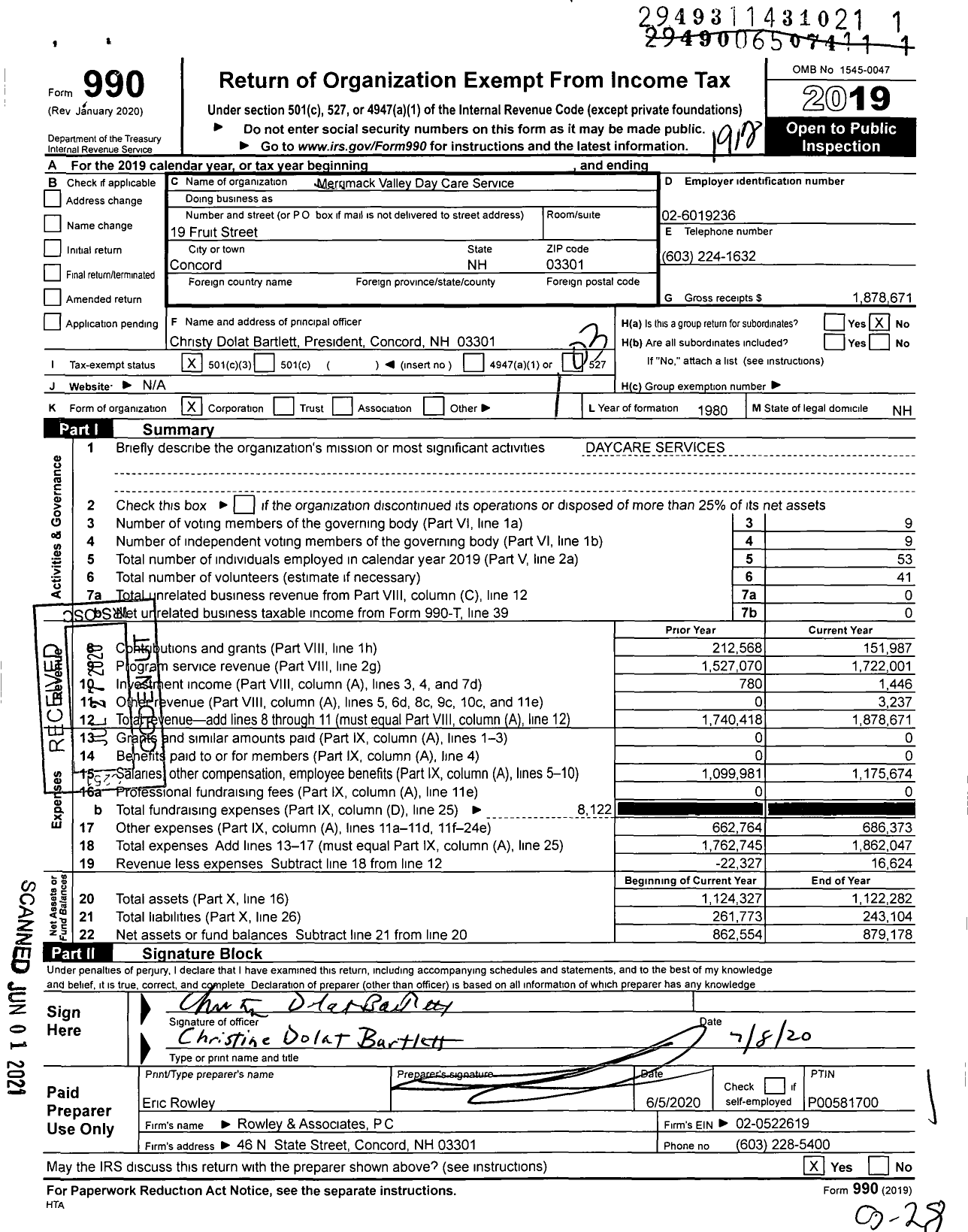 Image of first page of 2019 Form 990 for Merrimack Valley Day Care Service