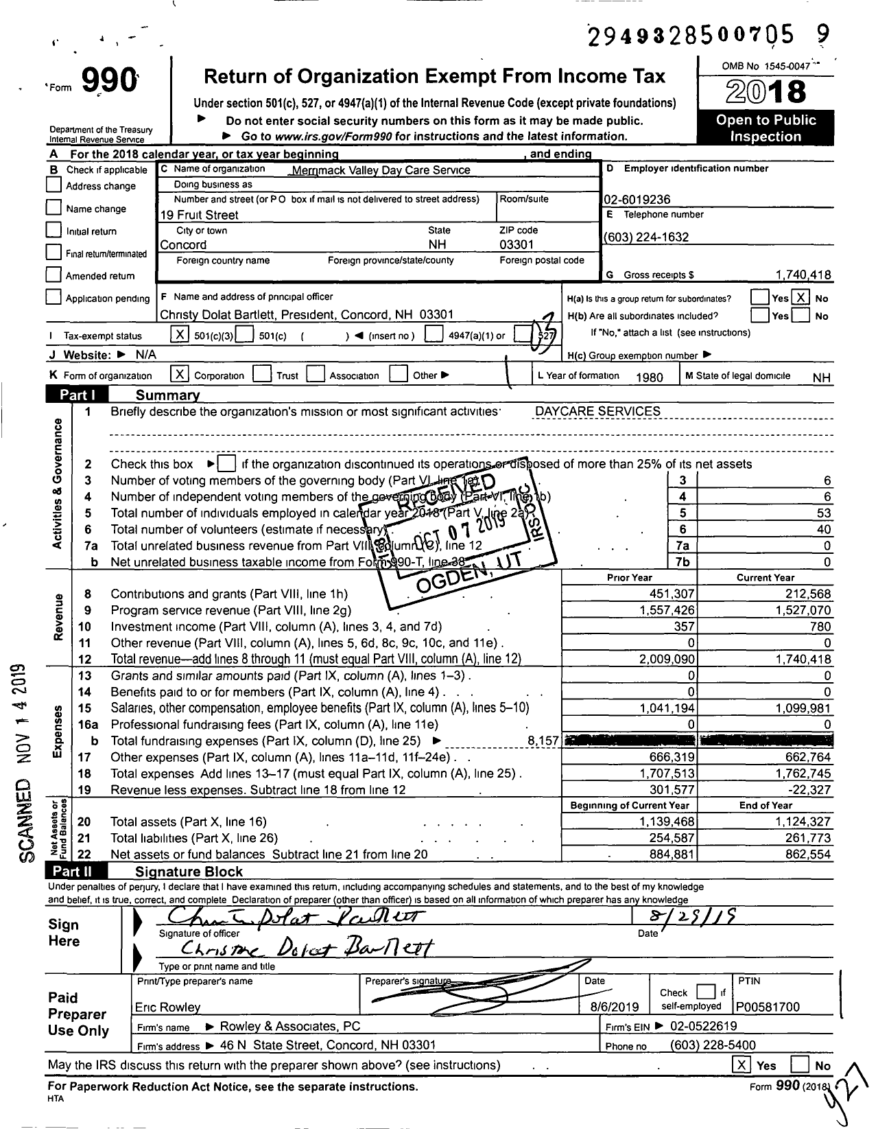 Image of first page of 2018 Form 990 for Merrimack Valley Day Care Service