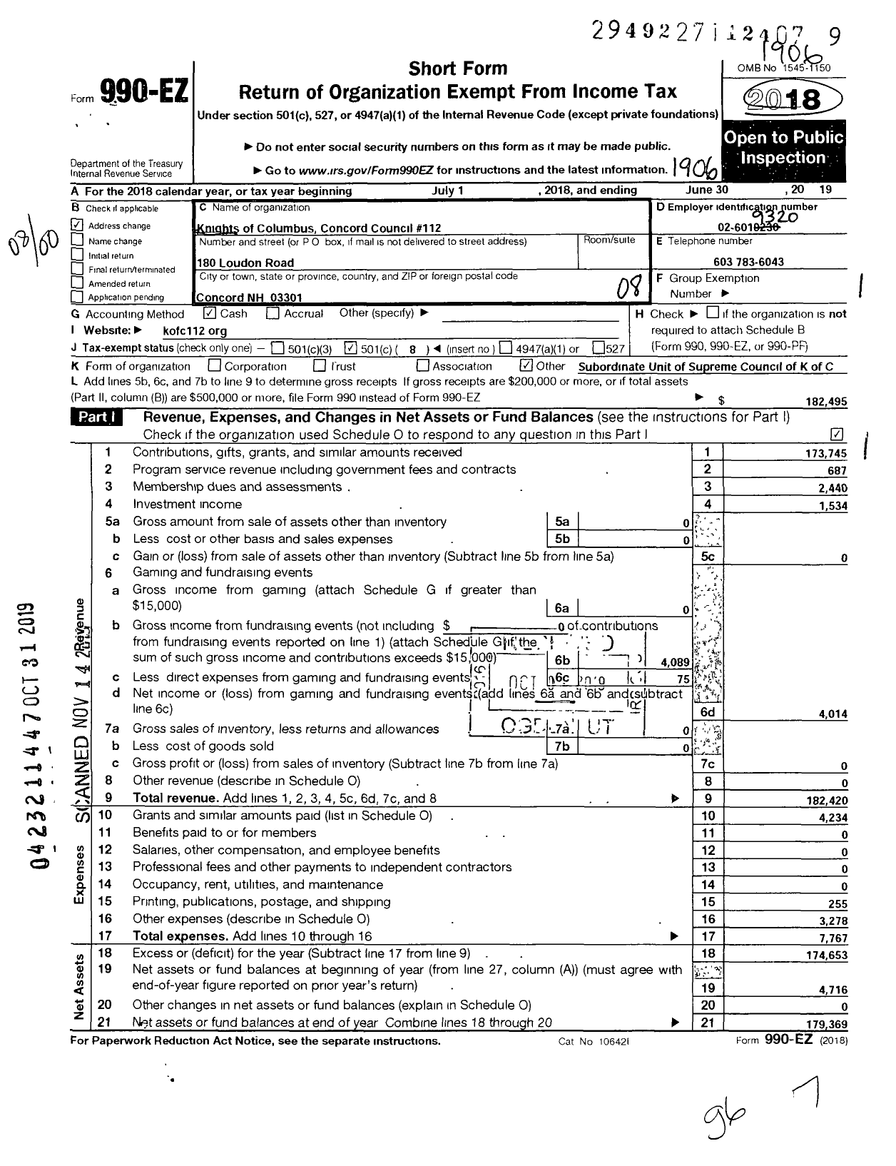 Image of first page of 2018 Form 990EO for Knights of Columbus - 112 Concord Council