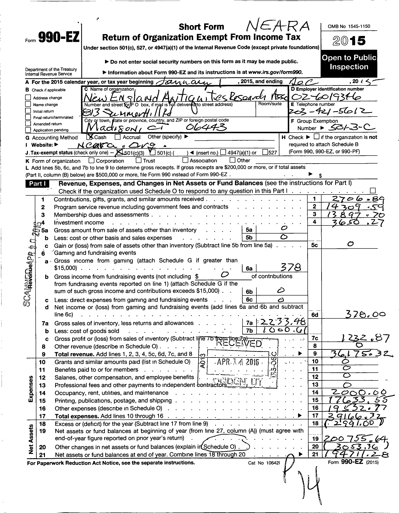 Image of first page of 2015 Form 990EZ for New England Antiquities Research (NEARA)