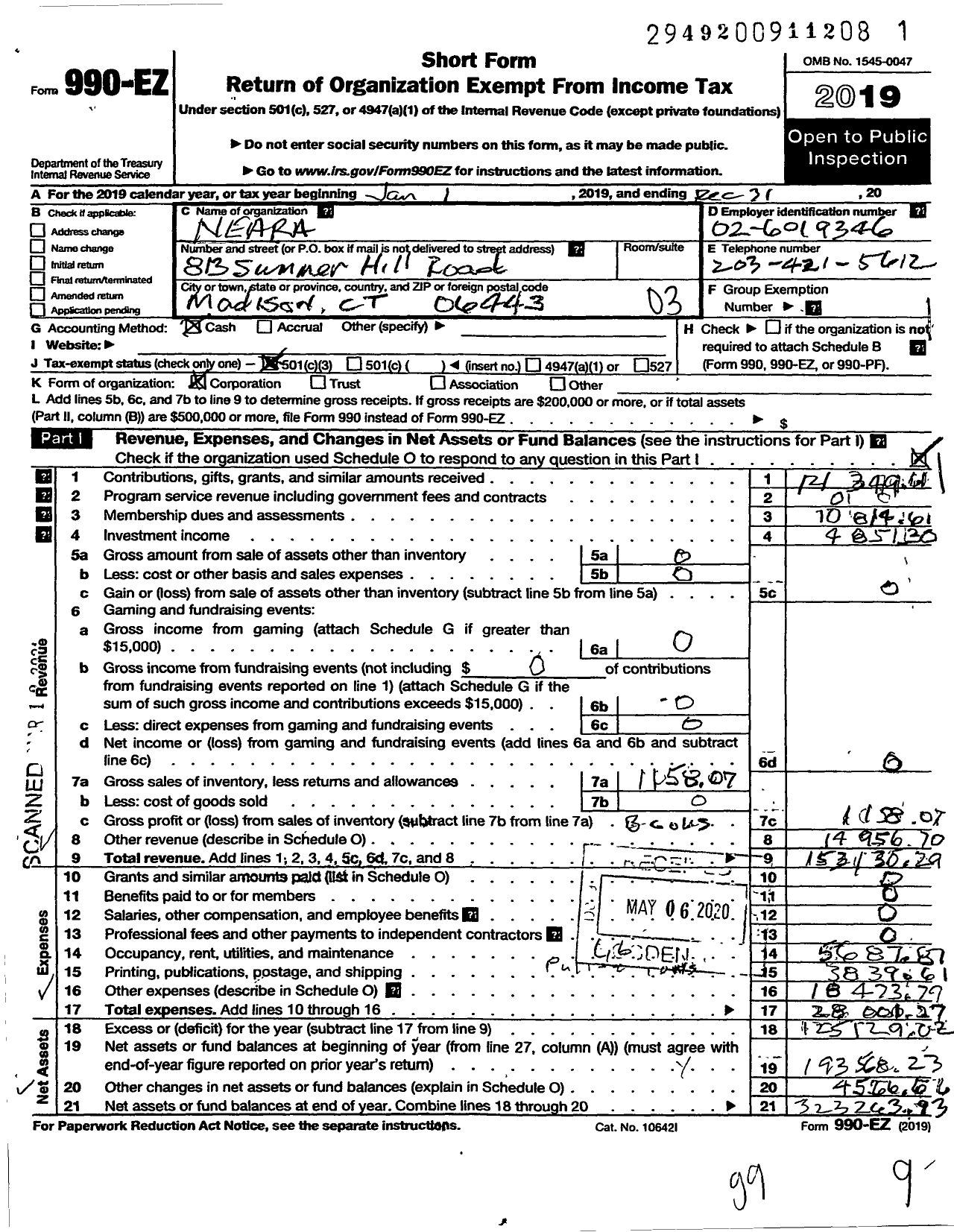 Image of first page of 2019 Form 990EZ for New England Antiquities Research (NEARA)