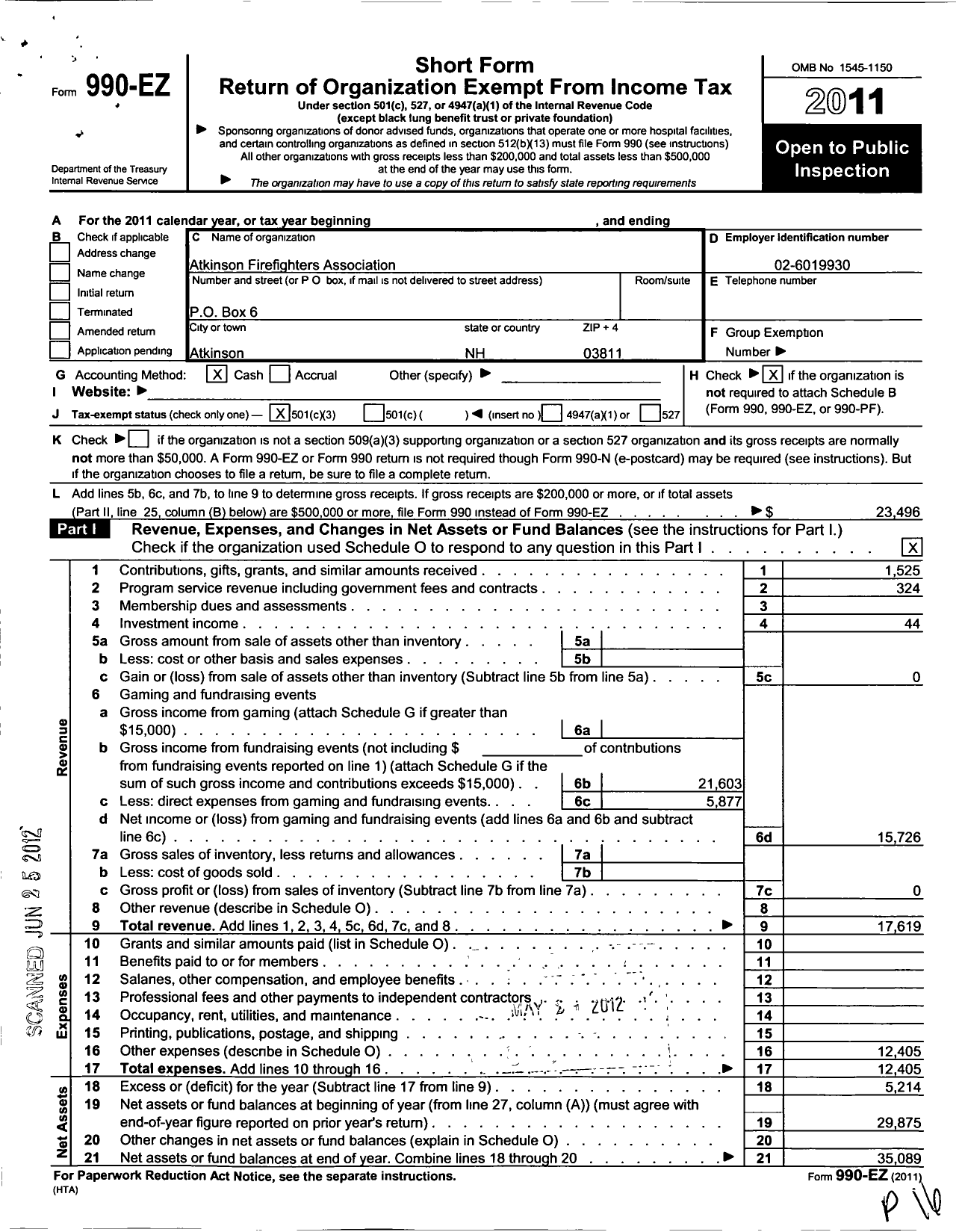 Image of first page of 2011 Form 990EZ for Atkinson Firefighters Association