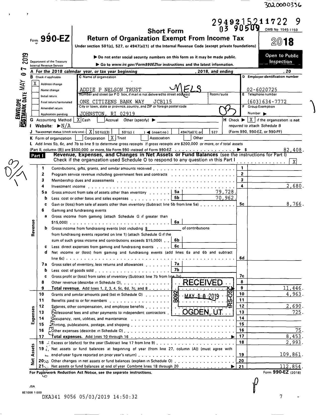 Image of first page of 2018 Form 990EZ for Addie P Nelson Trust