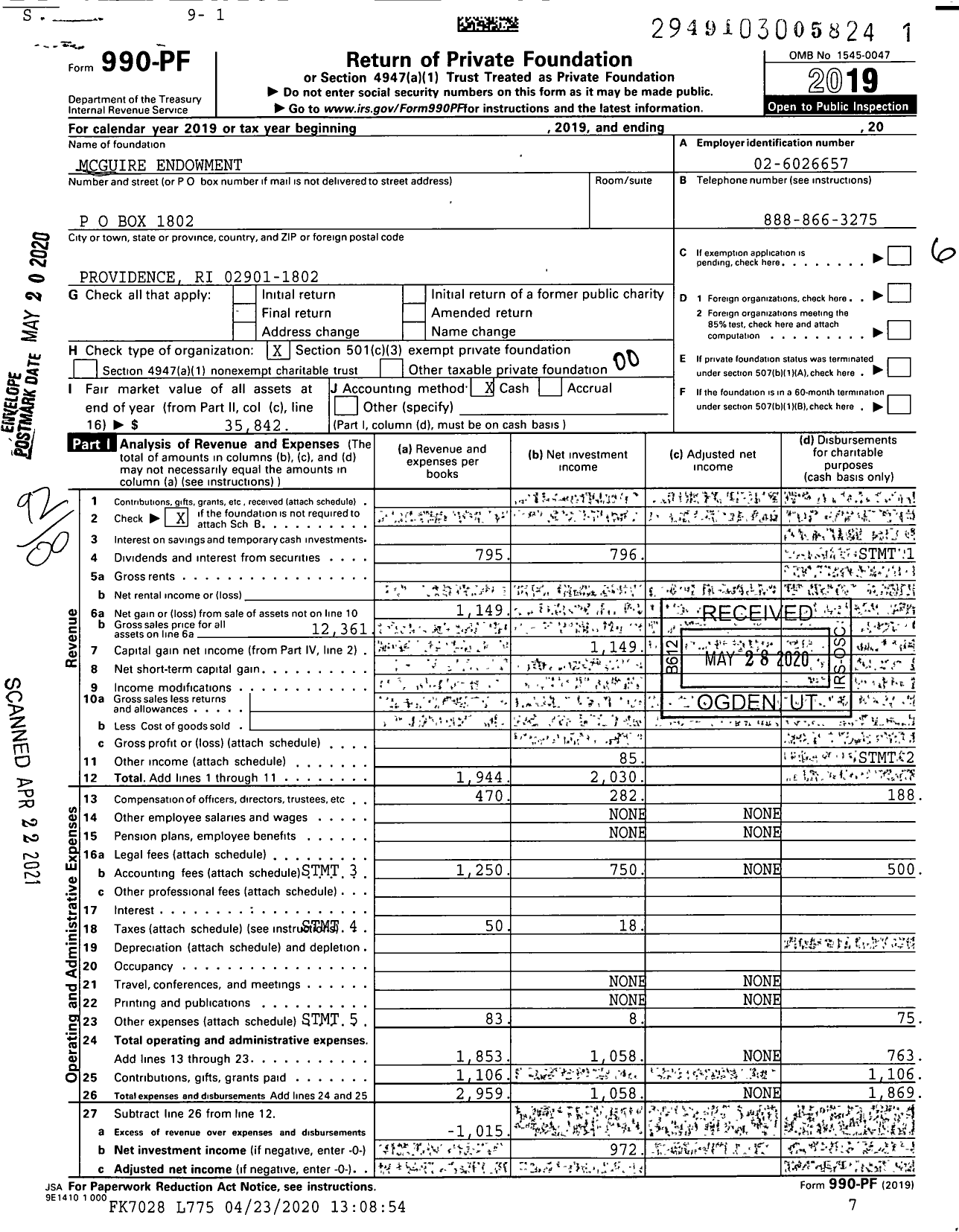 Image of first page of 2019 Form 990PF for Mcguire Endowment