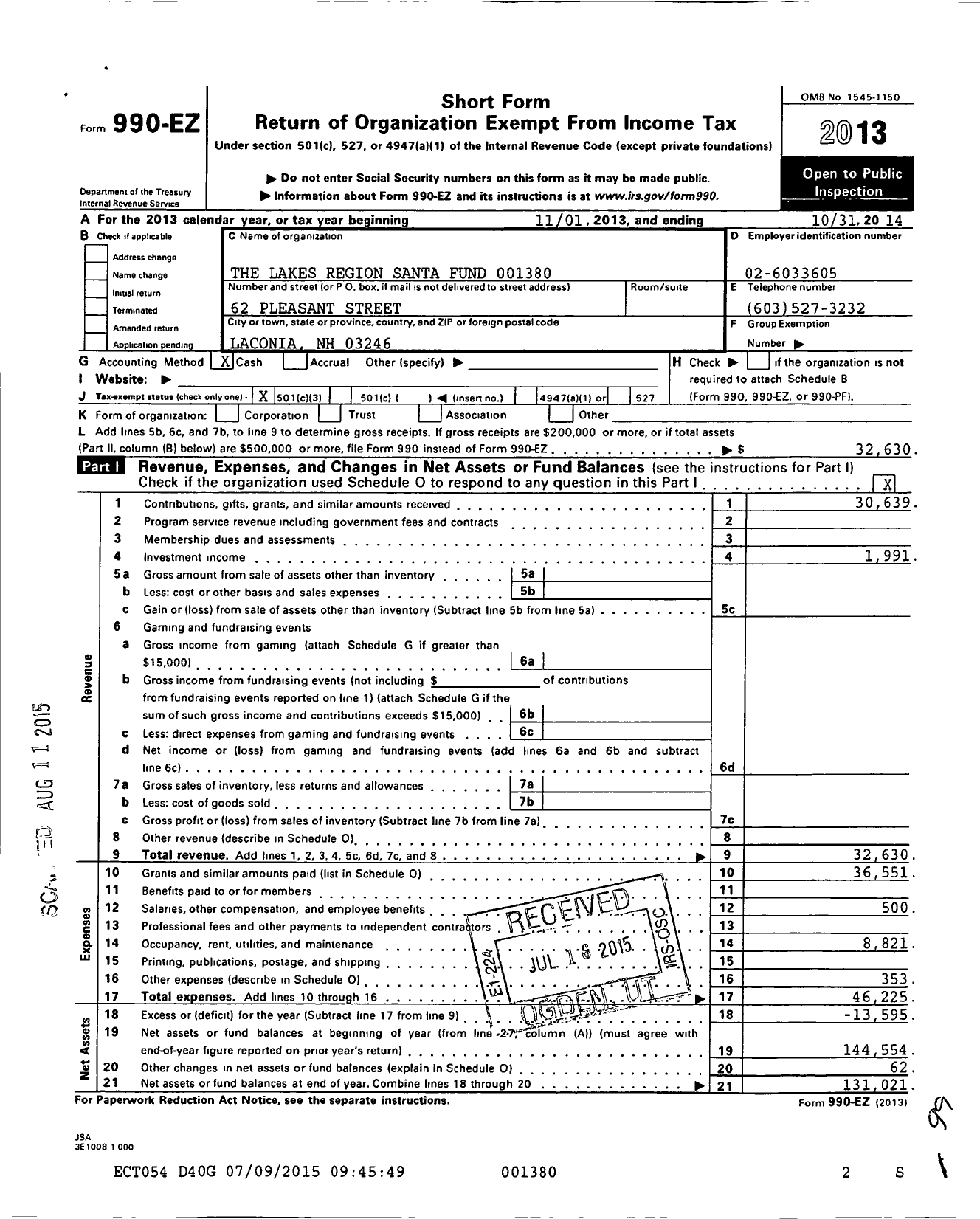 Image of first page of 2013 Form 990EZ for The Lakes Region Santa Fund 1380