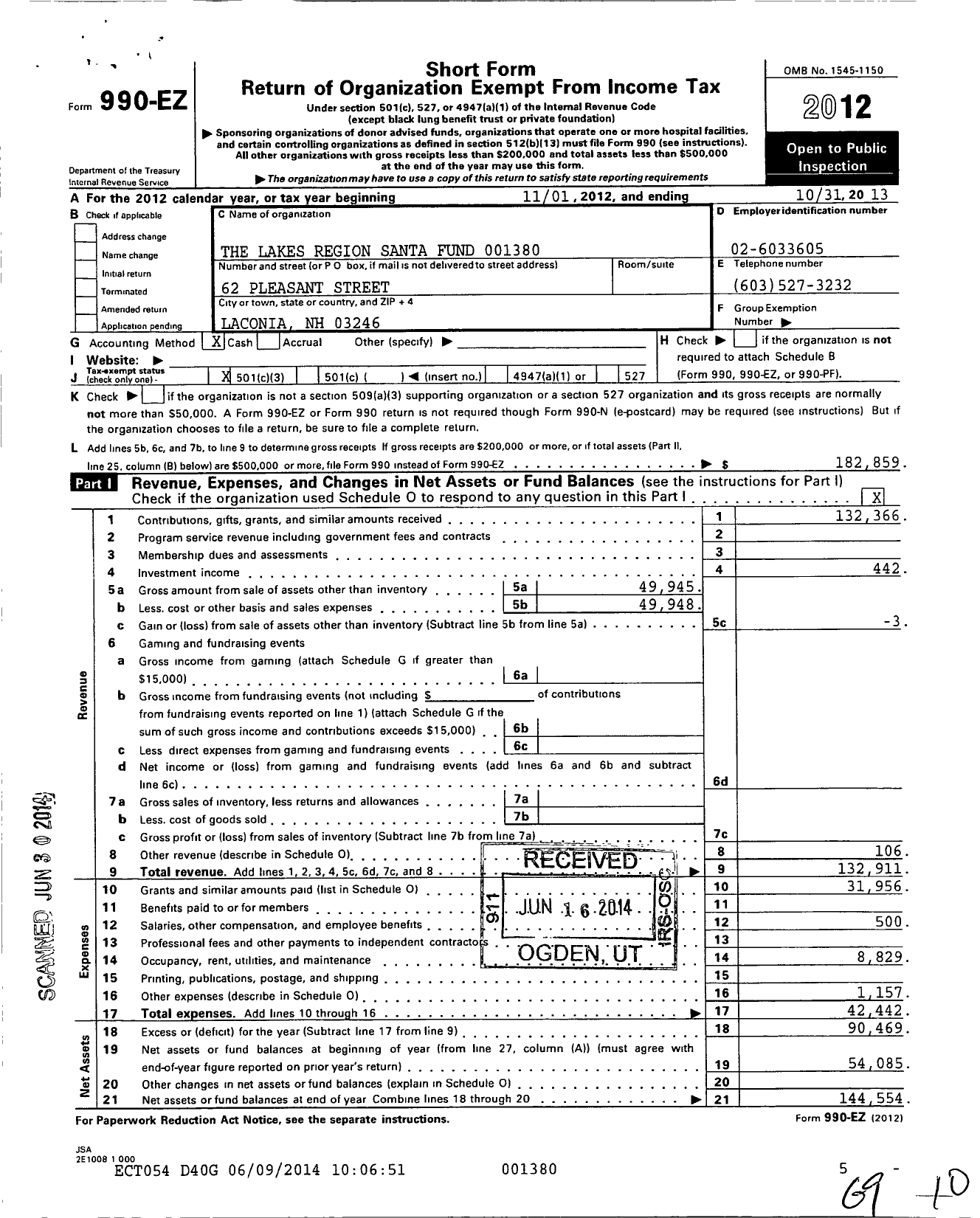 Image of first page of 2012 Form 990EZ for The Lakes Region Santa Fund 1380