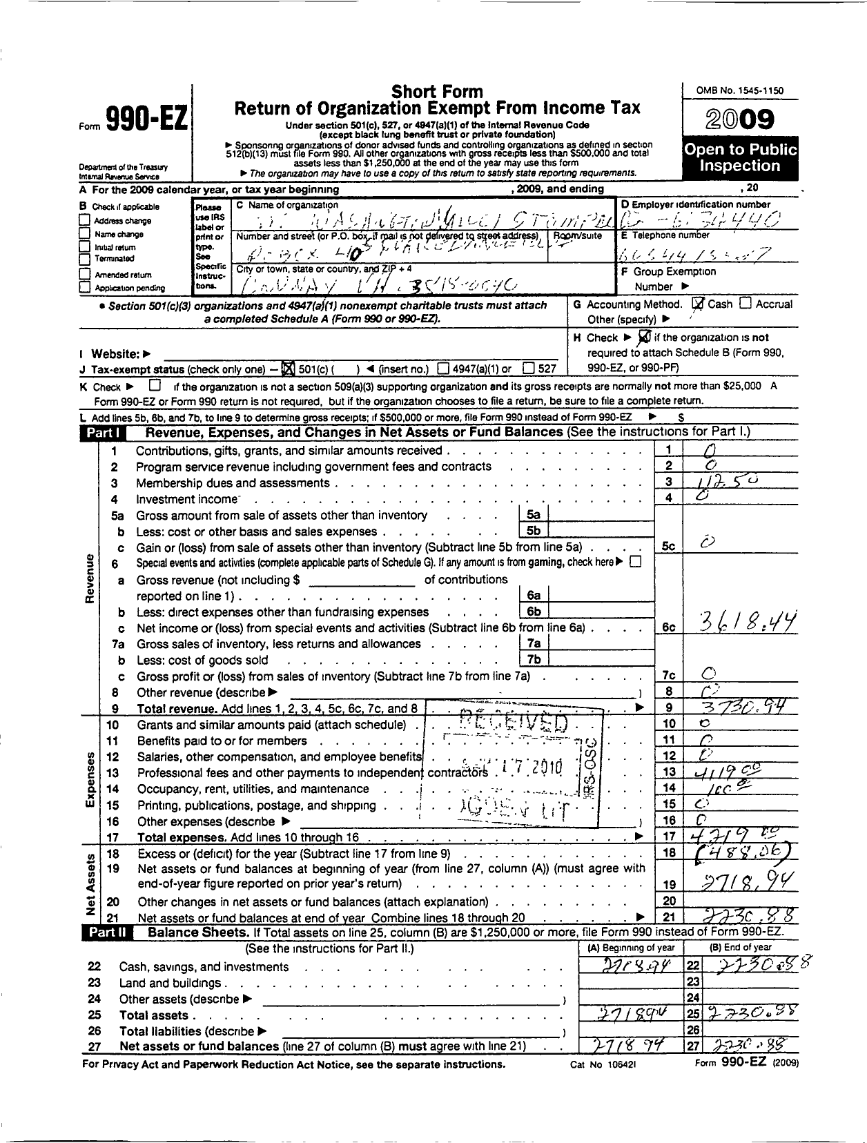 Image of first page of 2009 Form 990EOR for Mount Washington Valley Stompers Square Dance Club