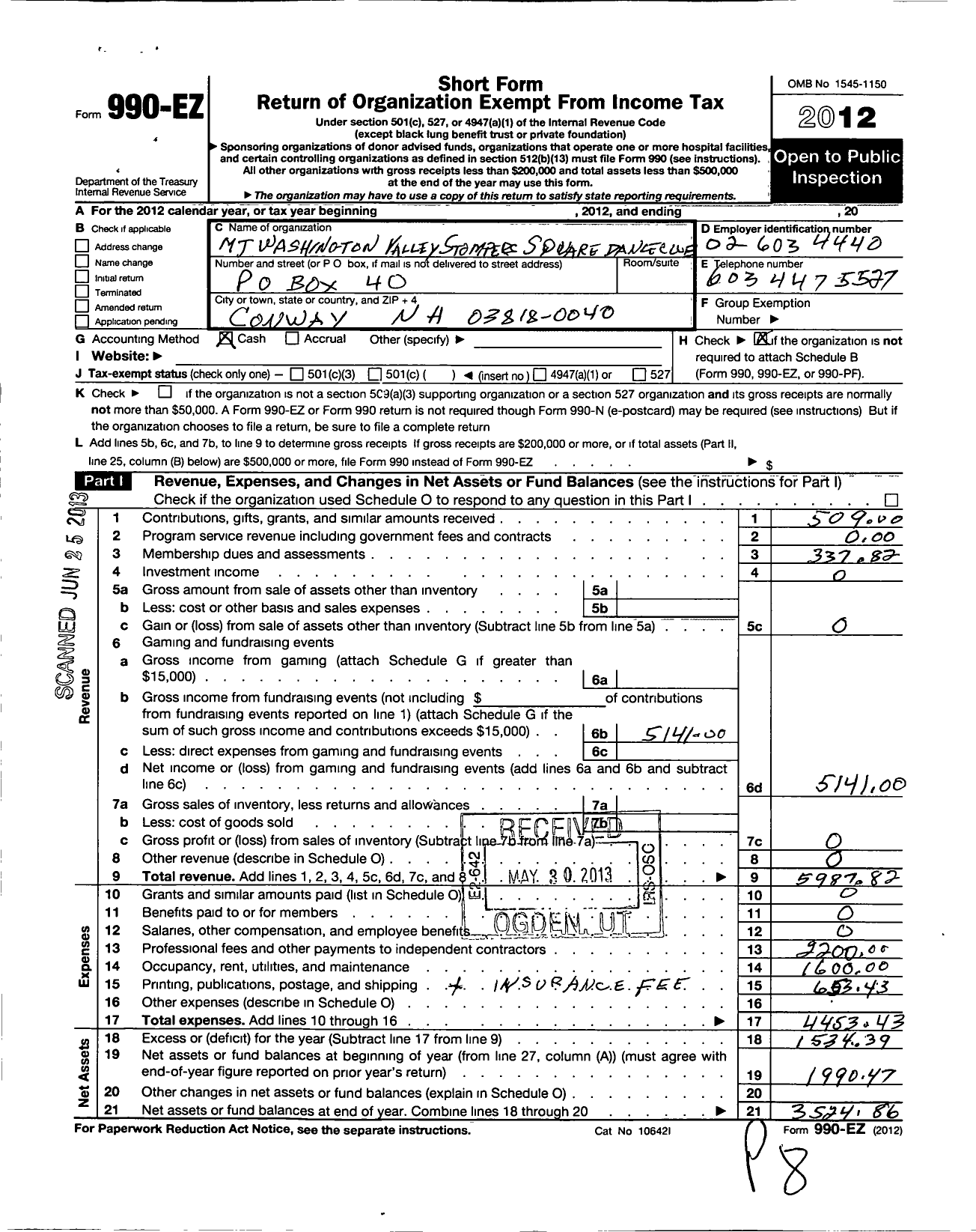 Image of first page of 2012 Form 990EO for Mount Washington Valley Stompers Square Dance Club