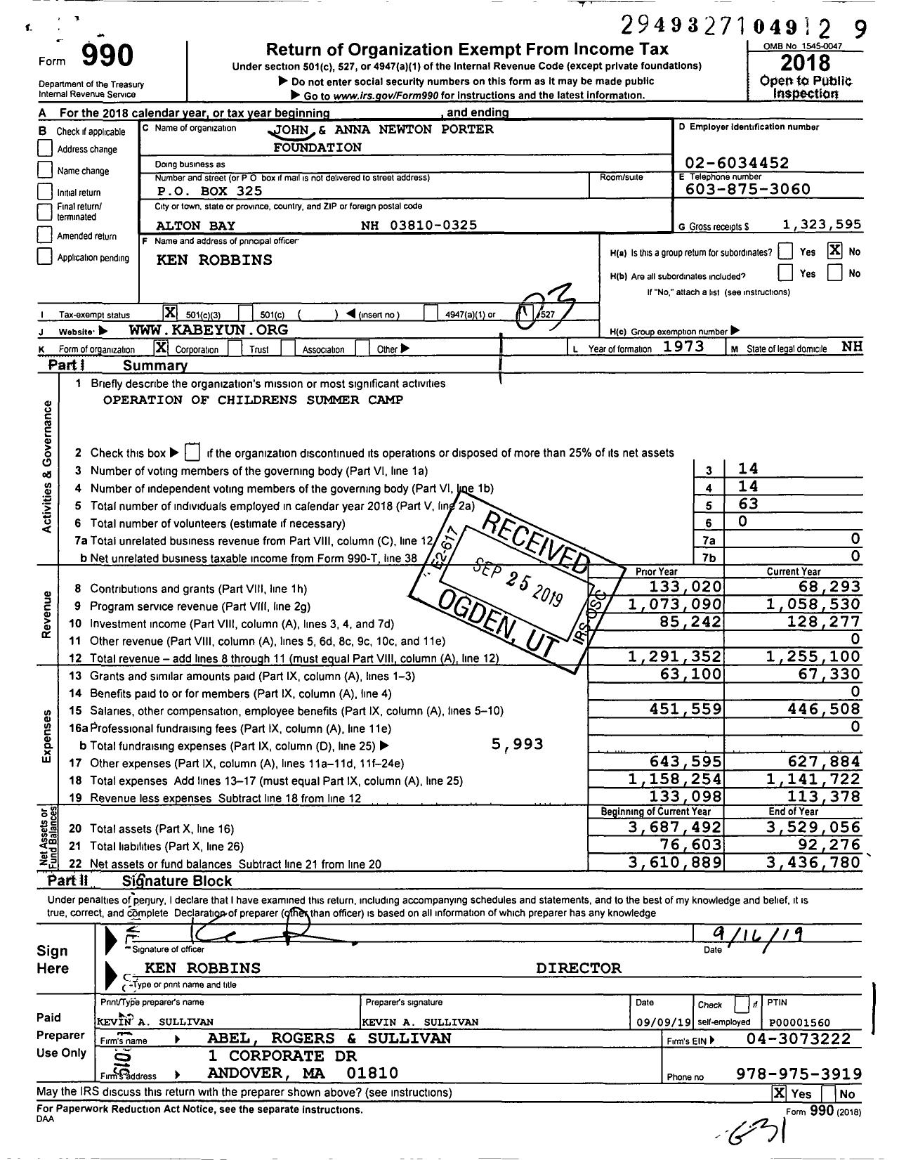 Image of first page of 2018 Form 990 for John and Anna Newton Porter Foundation