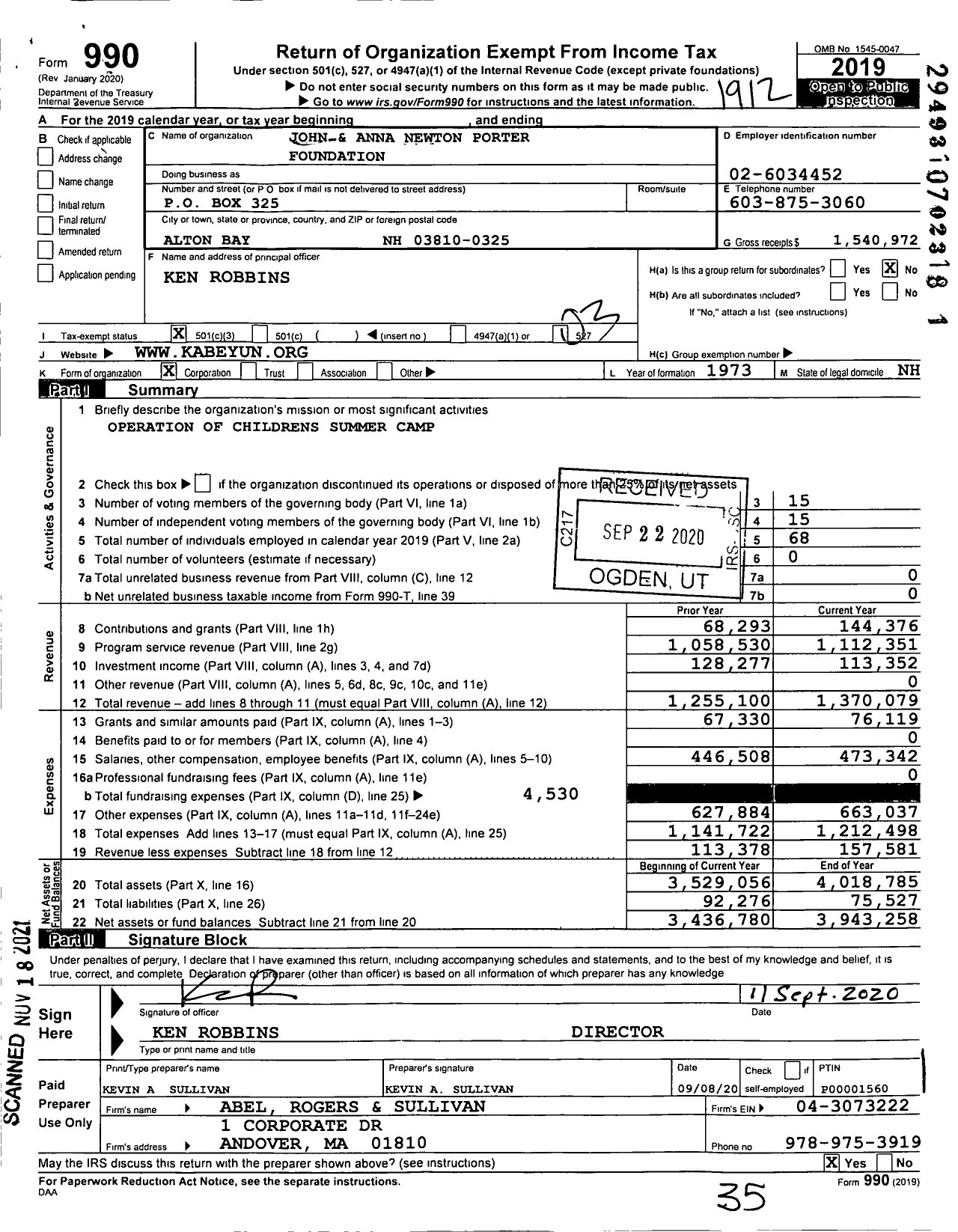 Image of first page of 2019 Form 990 for John and Anna Newton Porter Foundation