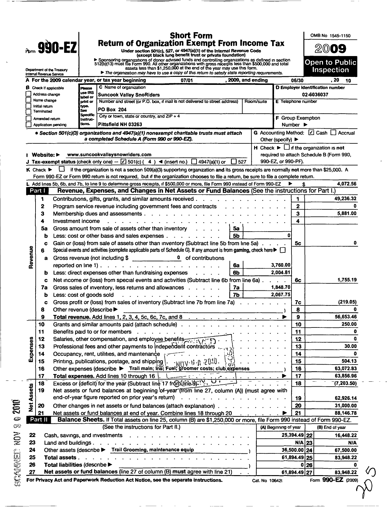 Image of first page of 2009 Form 990EO for Suncook Valley Sno Riders