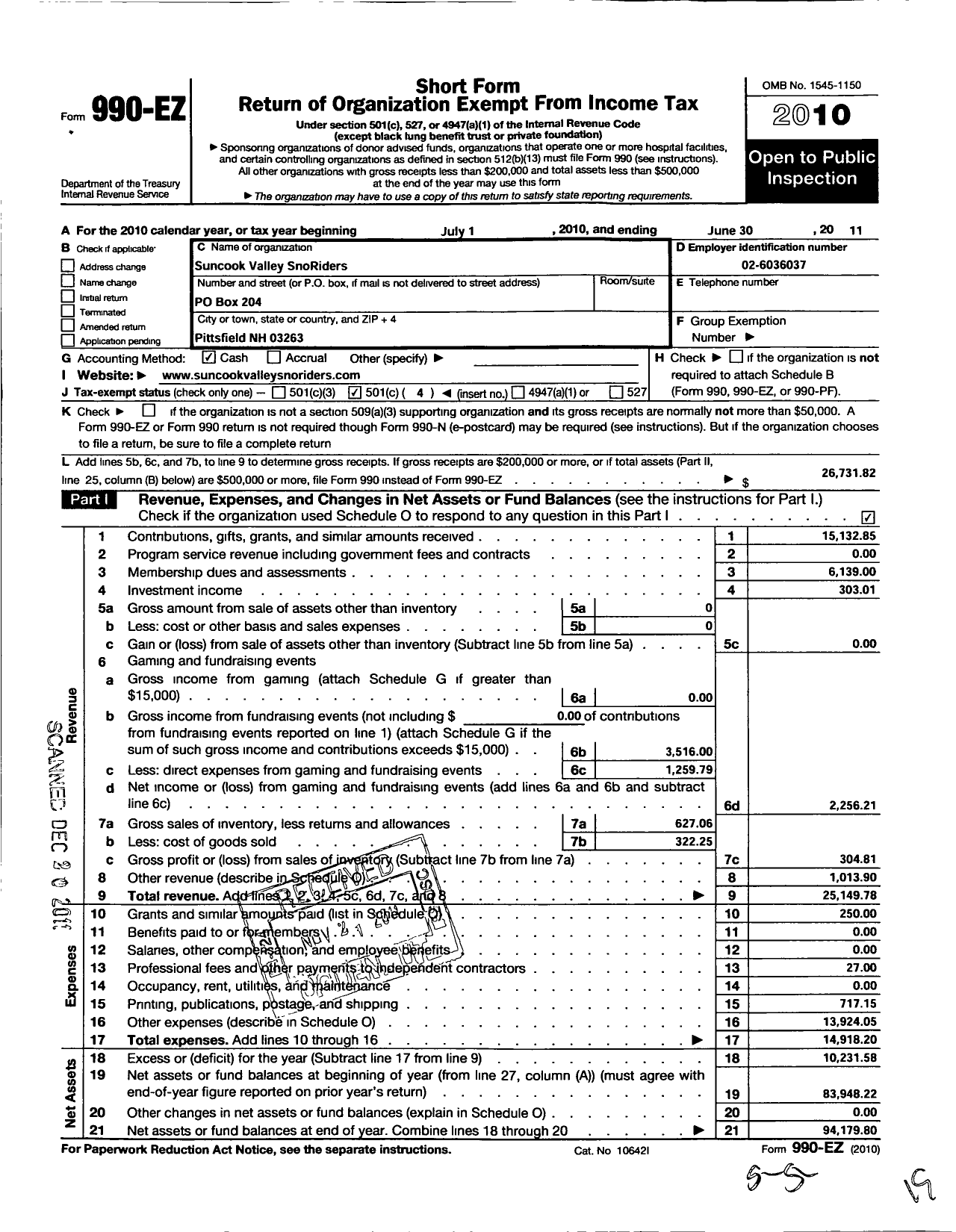 Image of first page of 2010 Form 990EO for Suncook Valley Sno Riders