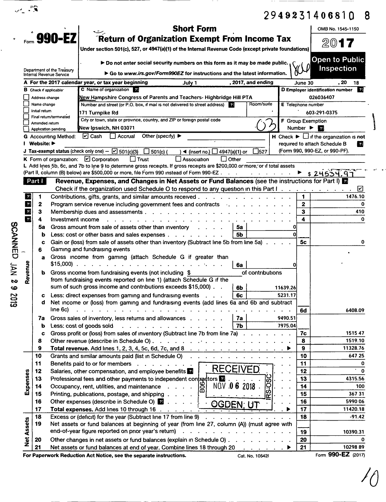 Image of first page of 2017 Form 990EZ for New Hampshire Congress of Parents and Teachers / Highbridge Hill PTA
