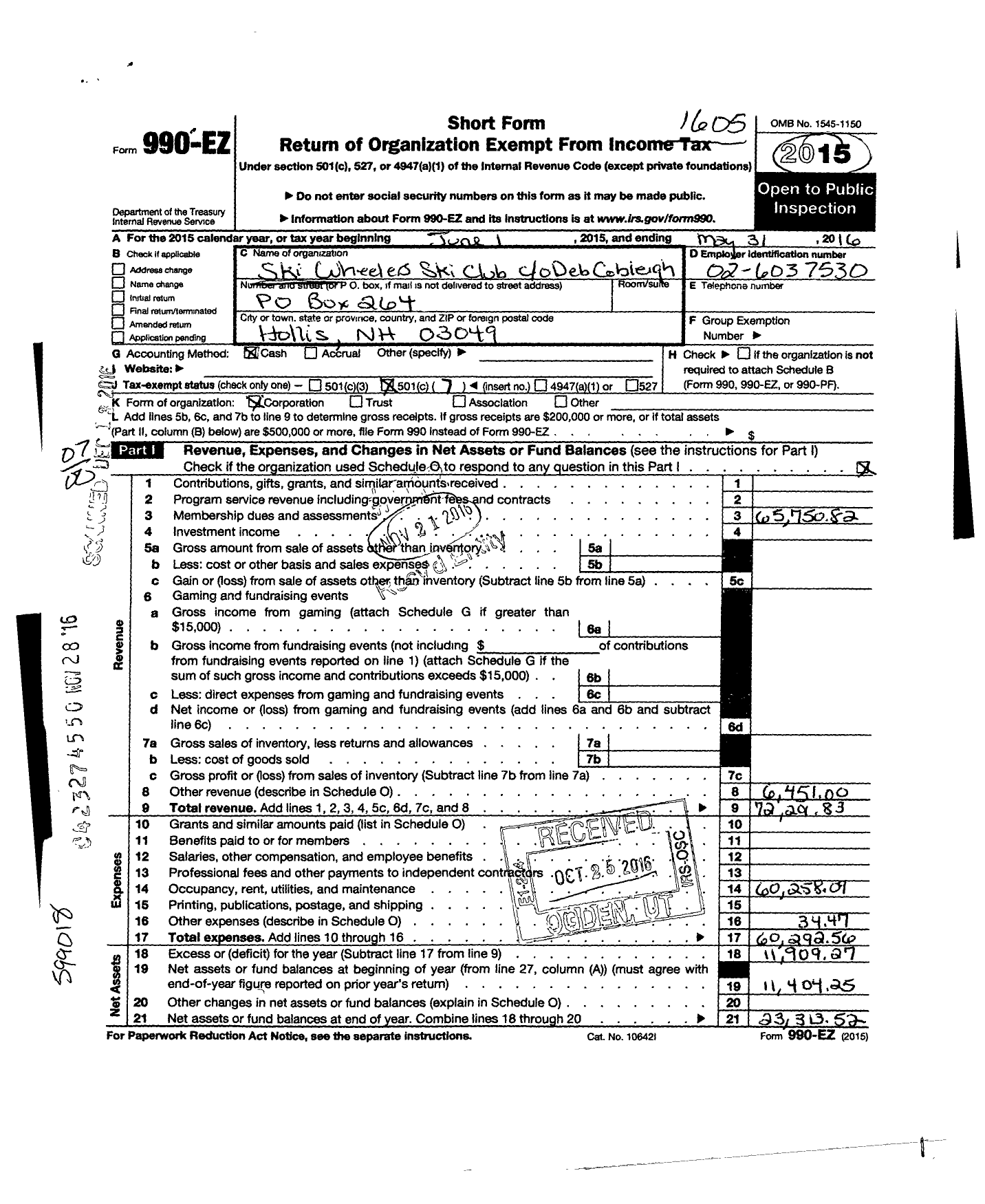 Image of first page of 2015 Form 990EO for Ski Wheelers Ski Club