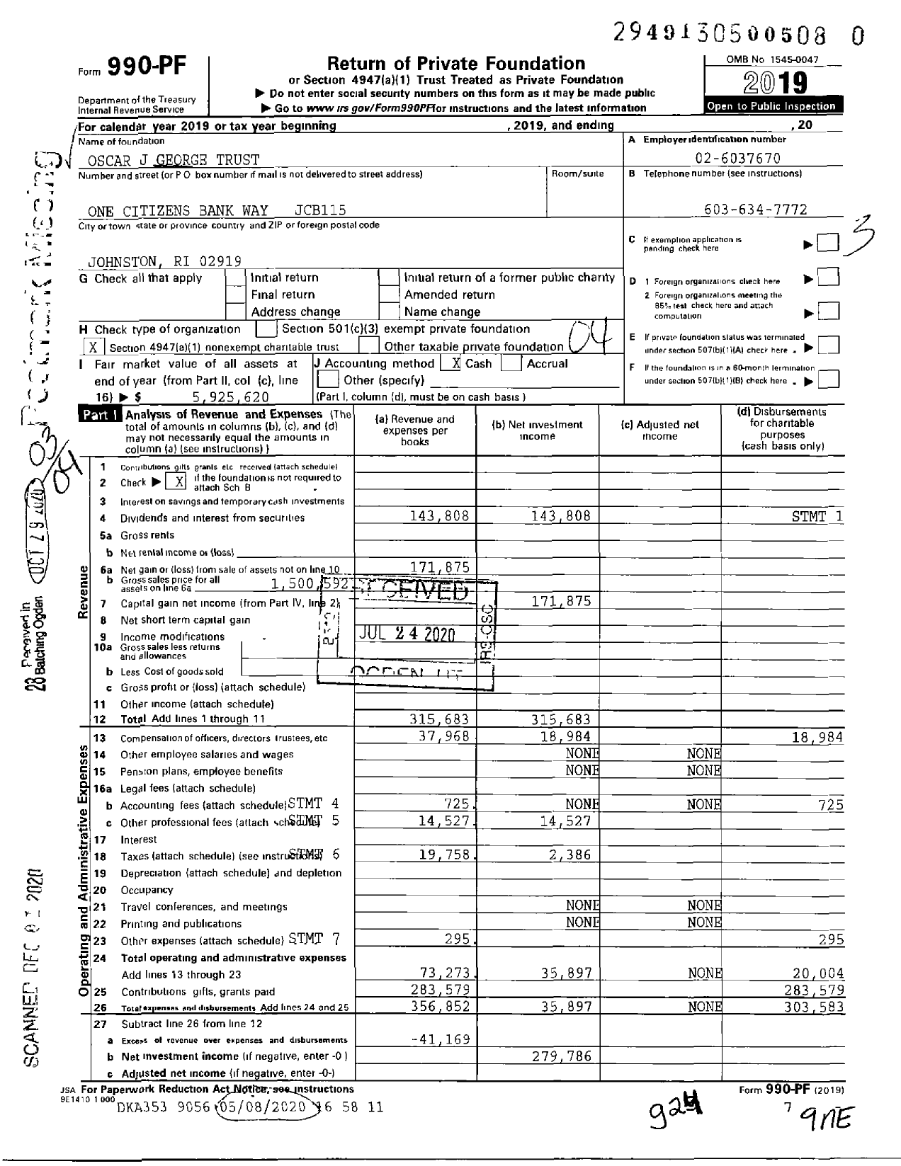 Image of first page of 2019 Form 990PF for Oscar J George Trust