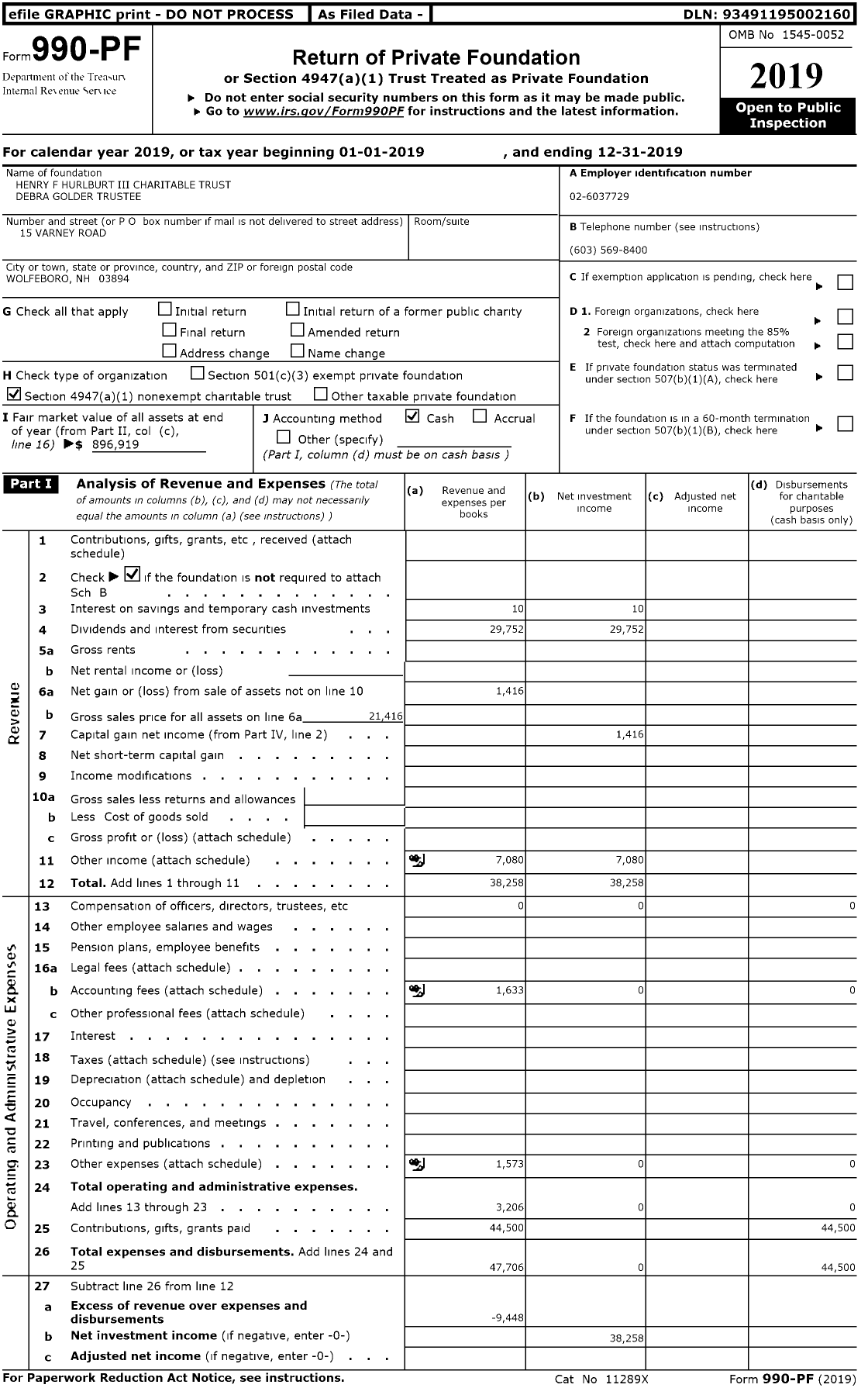 Image of first page of 2019 Form 990PR for Henry F Hurlburt Iii Charitable Trust Debra Golder Trustee