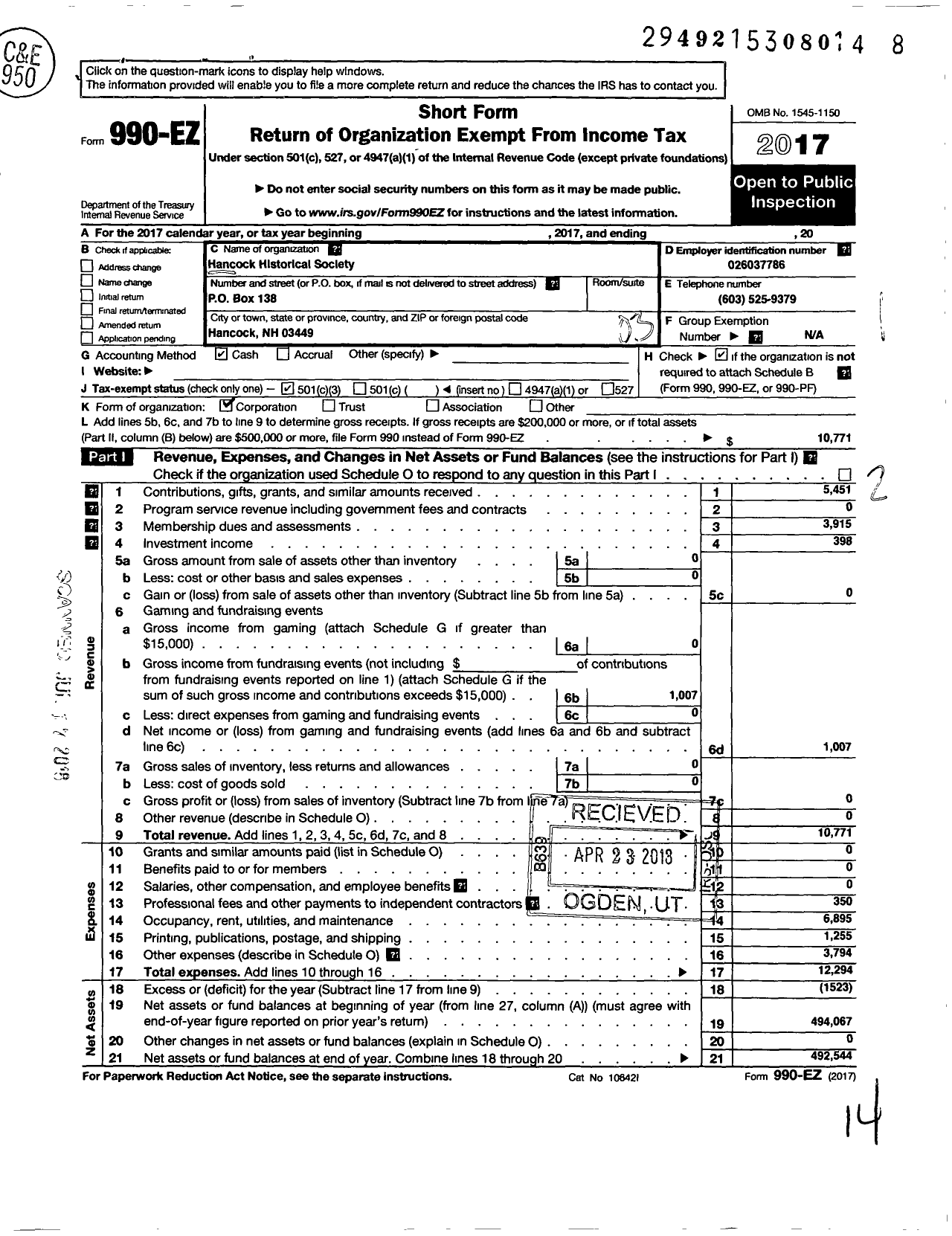 Image of first page of 2017 Form 990EZ for Hancock Historical Society