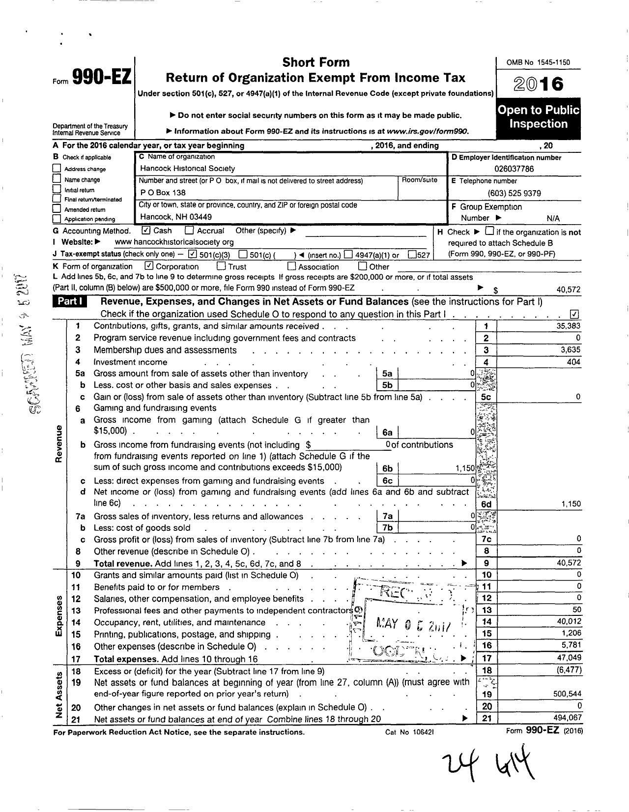 Image of first page of 2016 Form 990EZ for Hancock Historical Society