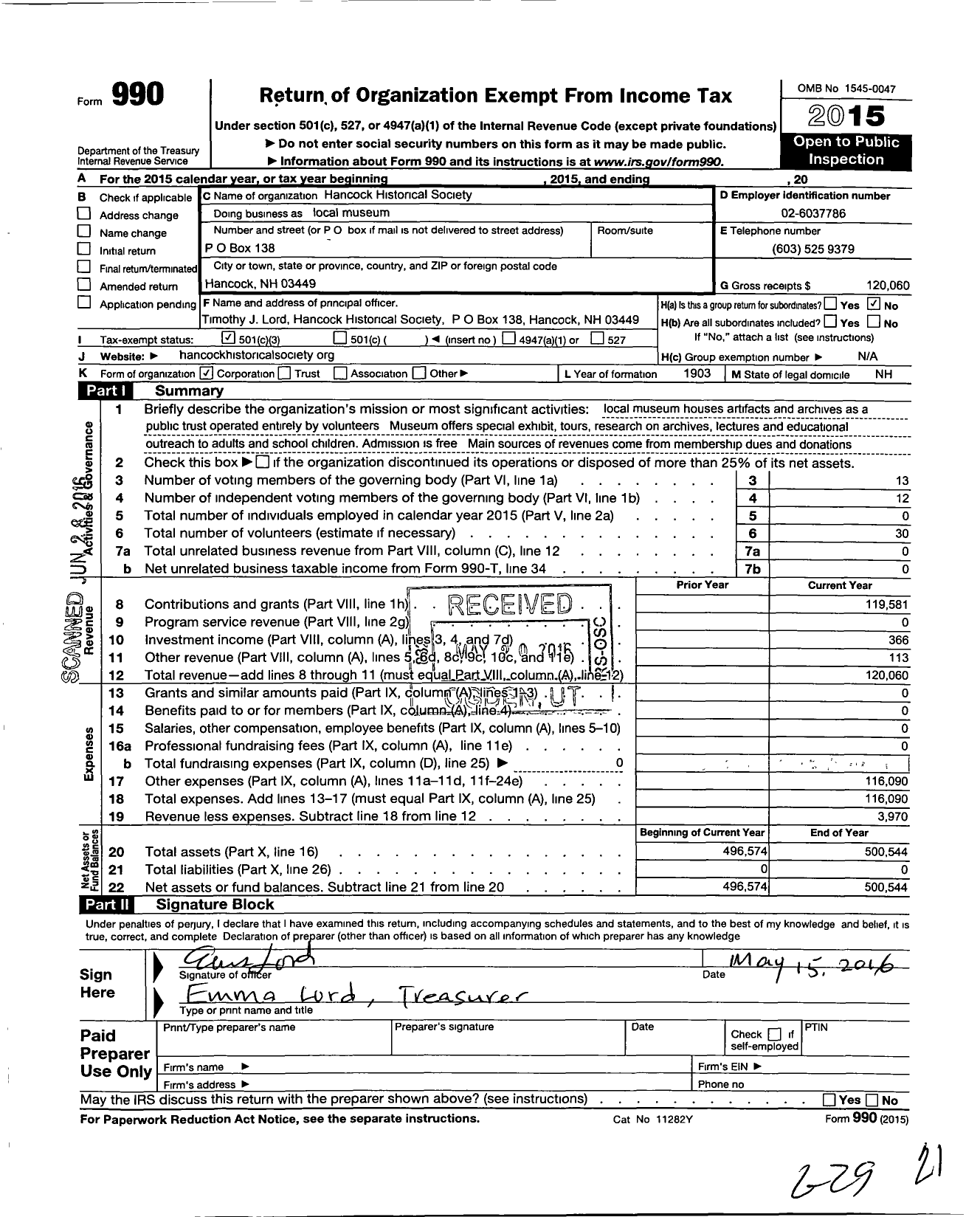 Image of first page of 2015 Form 990 for Hancock Historical Society