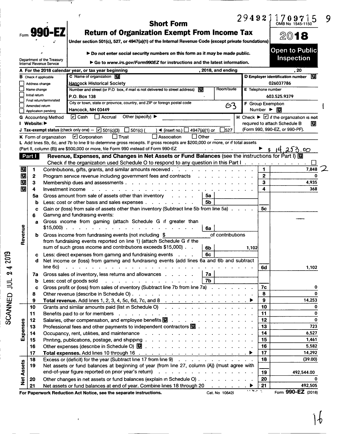 Image of first page of 2018 Form 990EZ for Hancock Historical Society