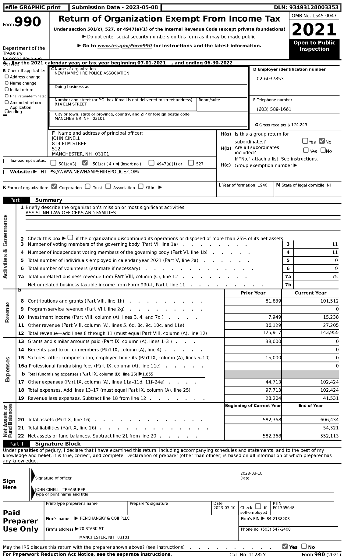 Image of first page of 2021 Form 990 for New Hampshire Police Association