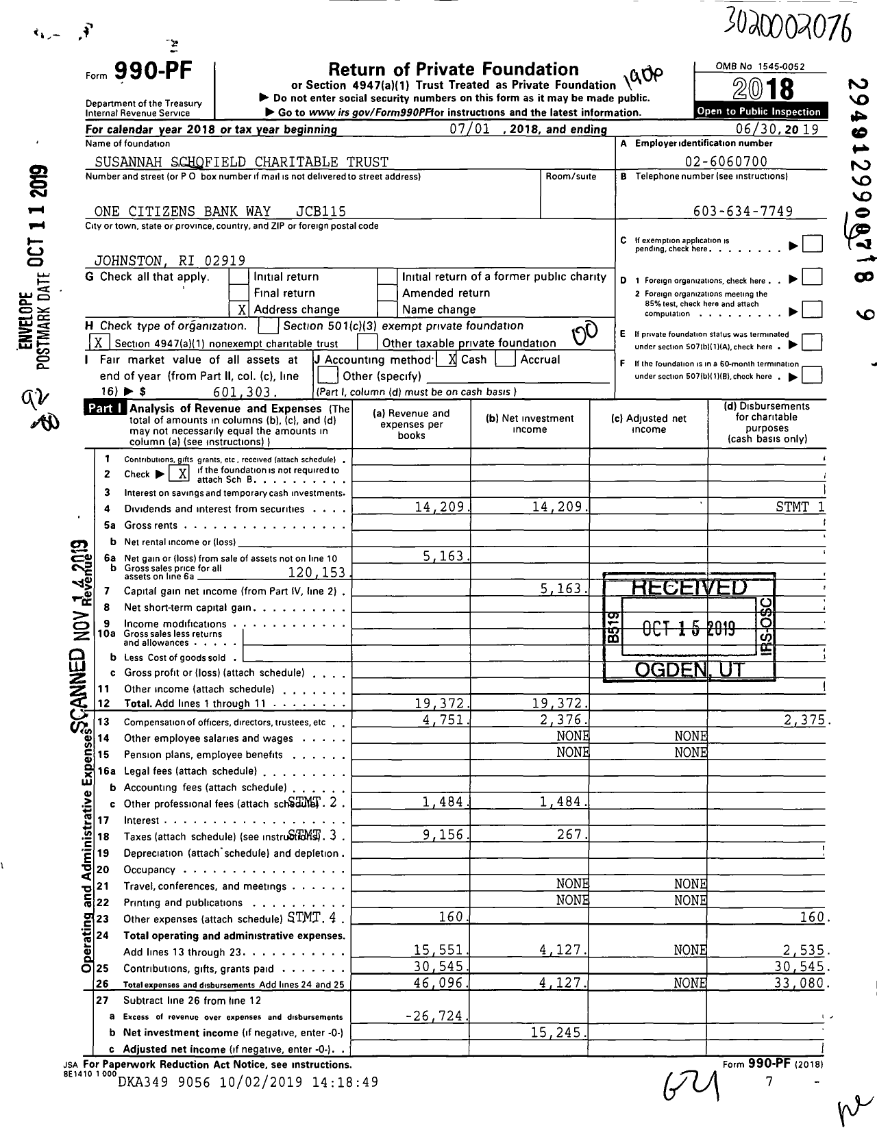 Image of first page of 2018 Form 990PF for Susannah Schofield Charitable Trust