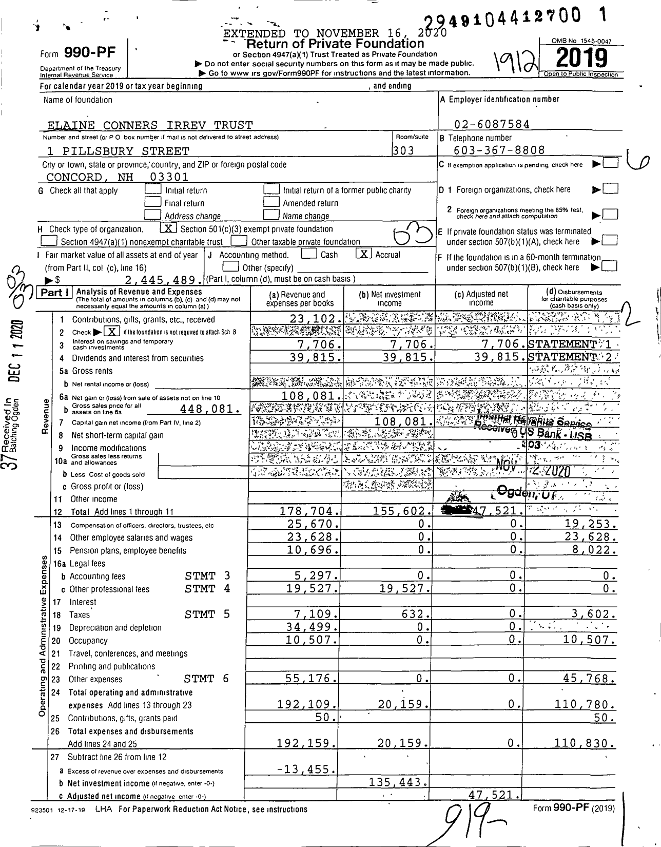 Image of first page of 2019 Form 990PF for Elaine Conners Irrevocable Trust