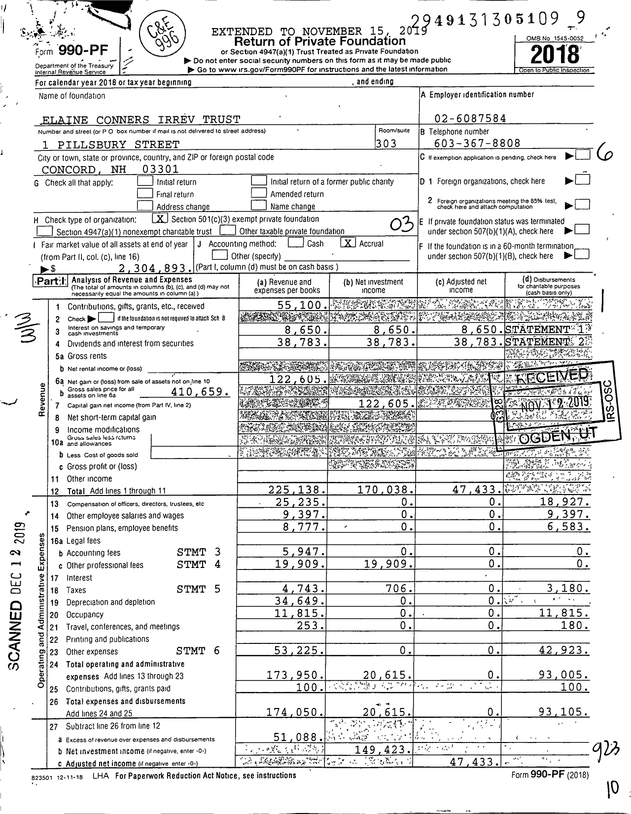 Image of first page of 2018 Form 990PF for Elaine Conners Irrevocable Trust