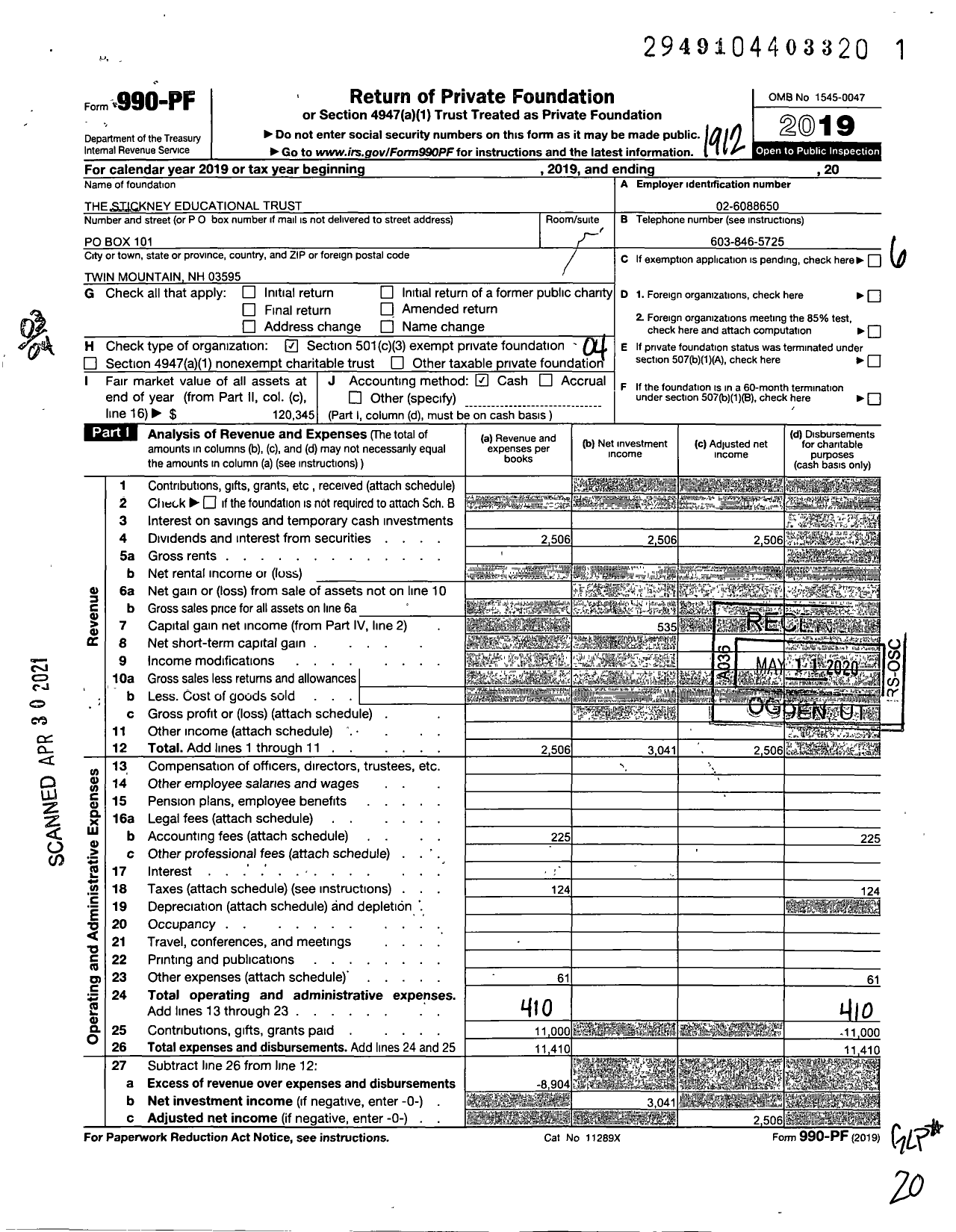 Image of first page of 2019 Form 990PF for The Stickney Educational Trust