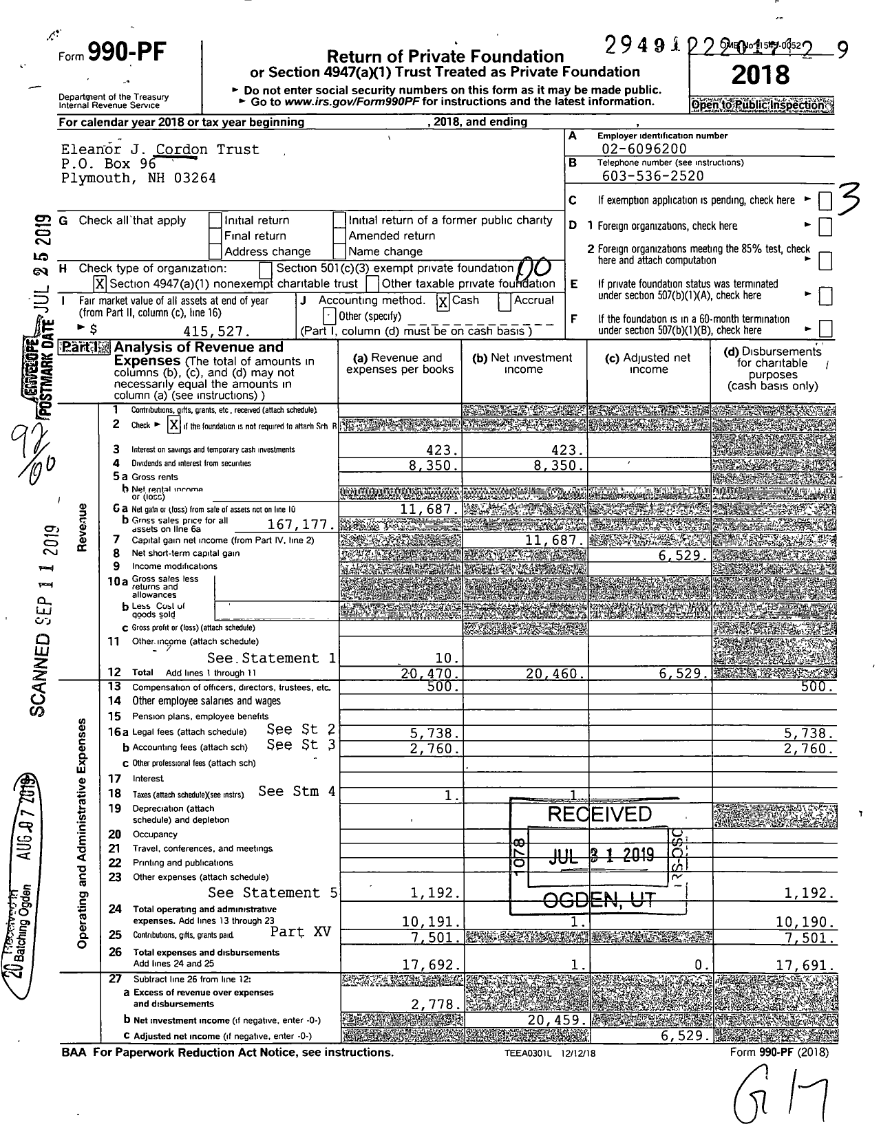 Image of first page of 2018 Form 990PF for Eleanor J Cordon Trust