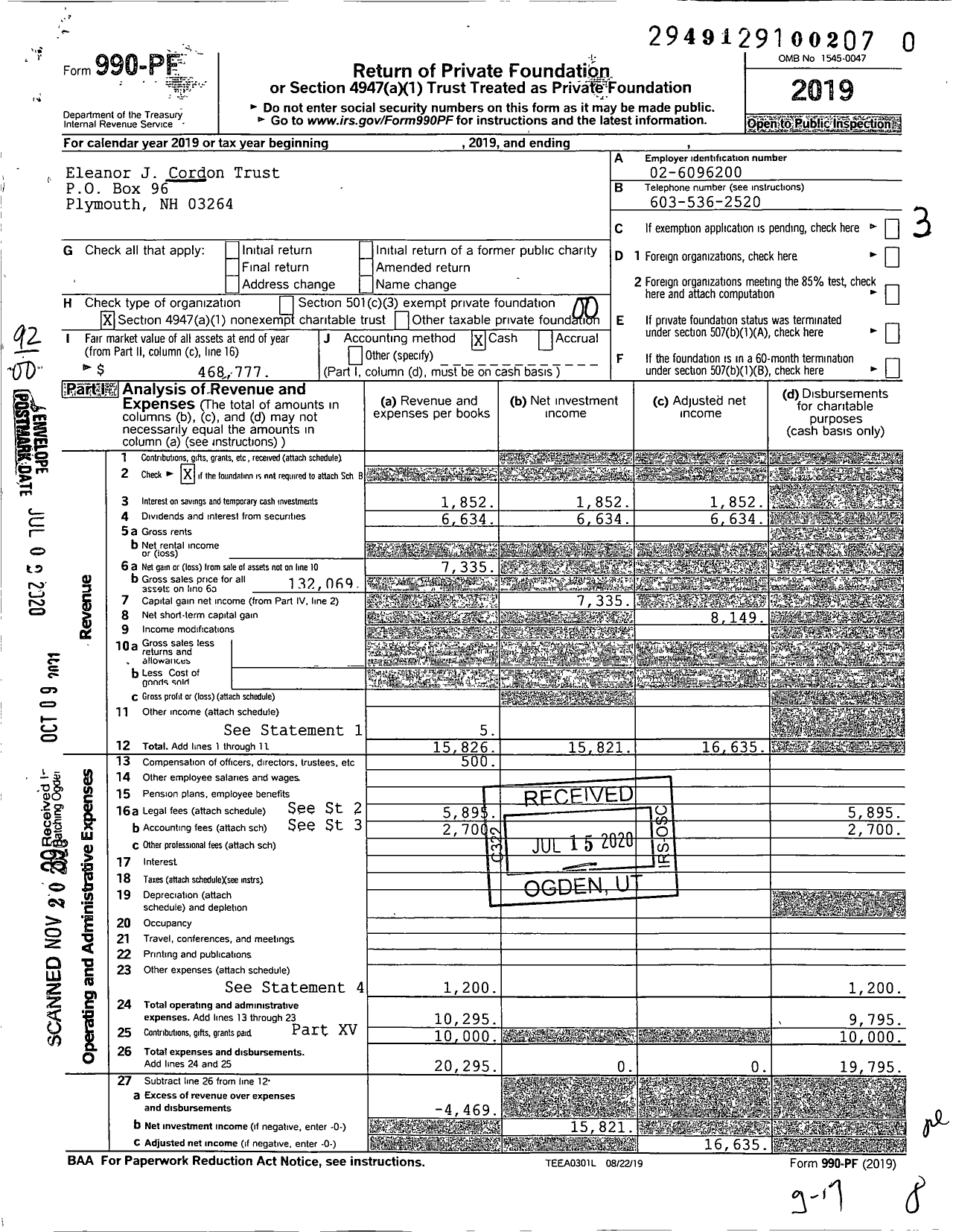 Image of first page of 2019 Form 990PF for Eleanor J Cordon Trust