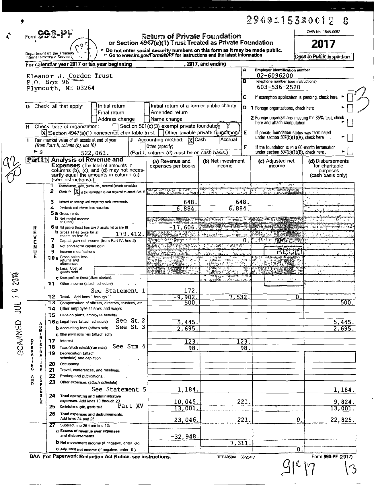 Image of first page of 2017 Form 990PF for Eleanor J Cordon Trust