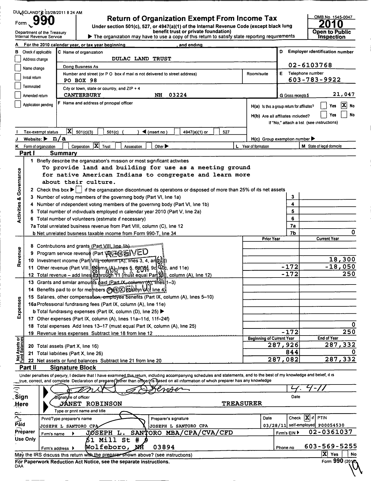 Image of first page of 2010 Form 990 for Dulac Land Trust