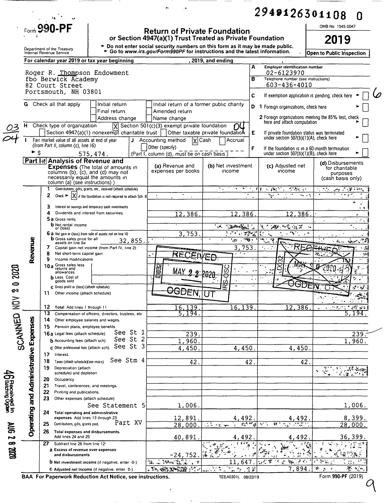 Image of first page of 2019 Form 990PF for Roger R Thompson Endowment fbo Berwick Academy