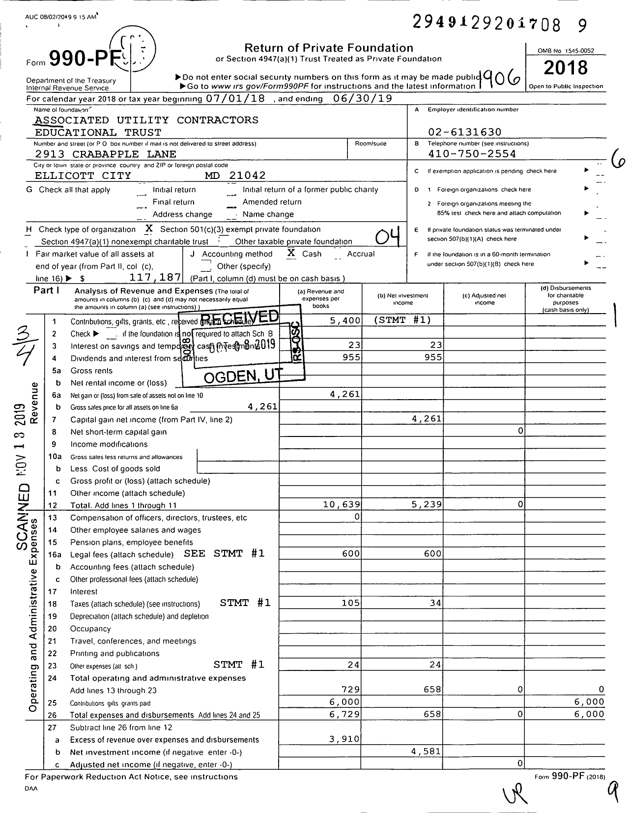 Image of first page of 2018 Form 990PF for Associated Utility Contractors Educational Trust