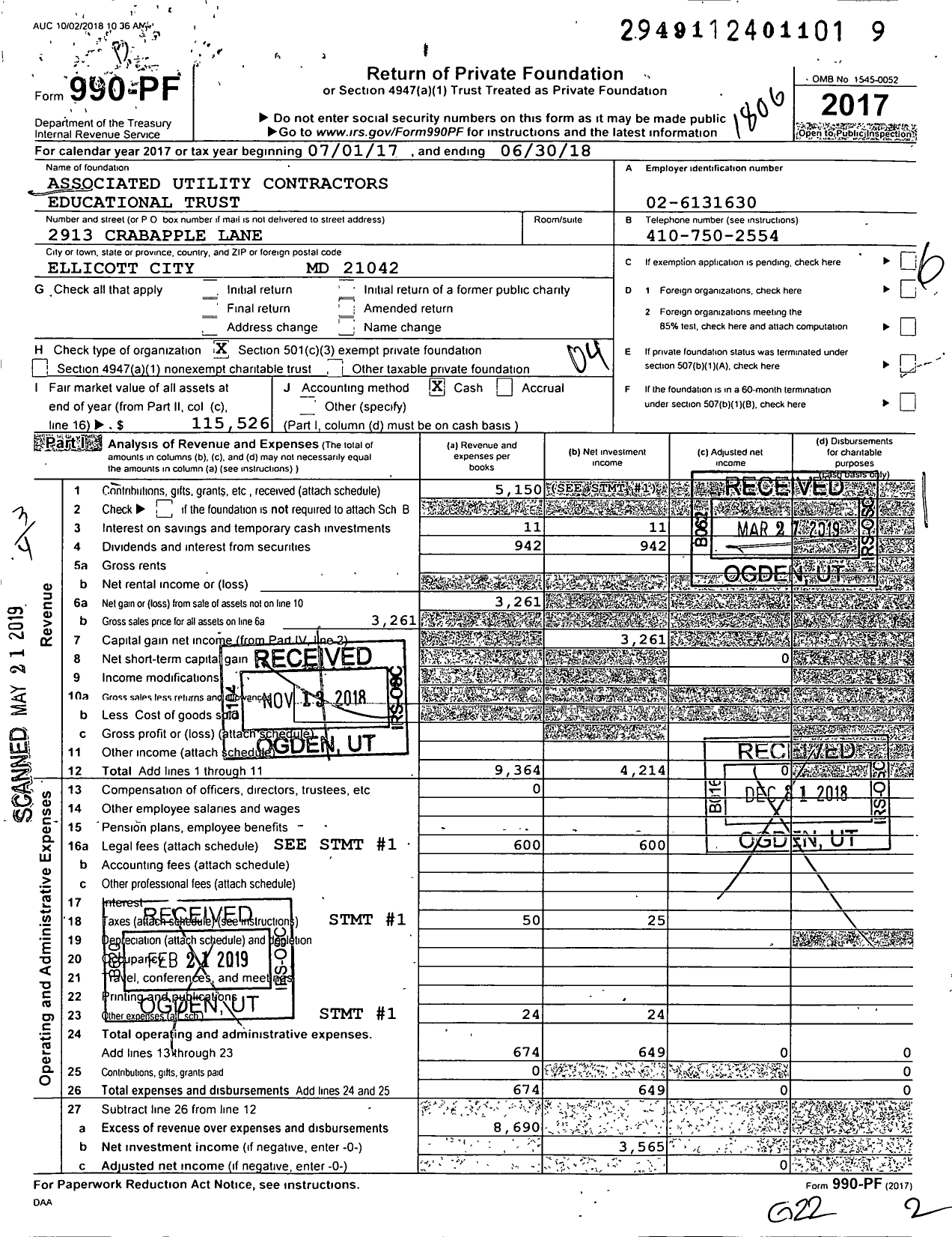 Image of first page of 2017 Form 990PF for Associated Utility Contractors Educational Trust